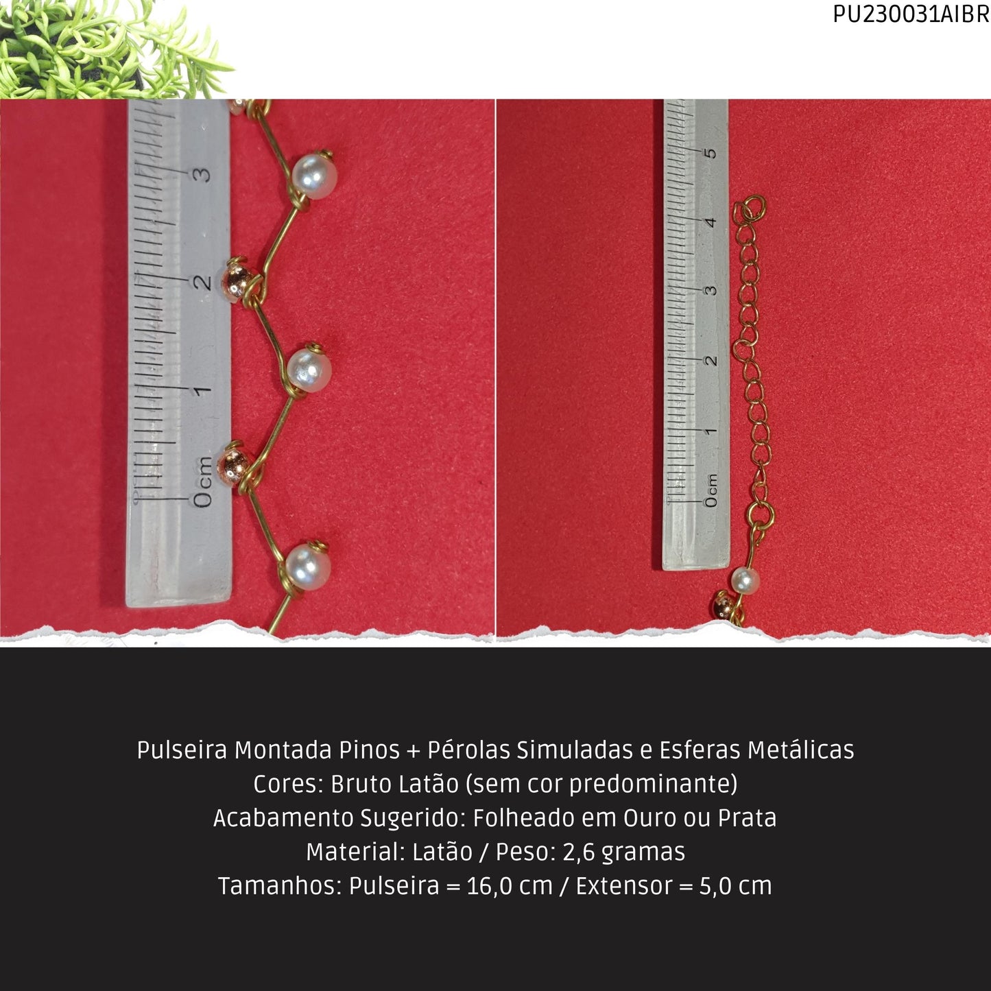 Pulseira Montada Pinos + Pérolas Simuladas e Esferas Metálicas  - Código.: PU230031AIBR  - Peso.: 2.6 gr
