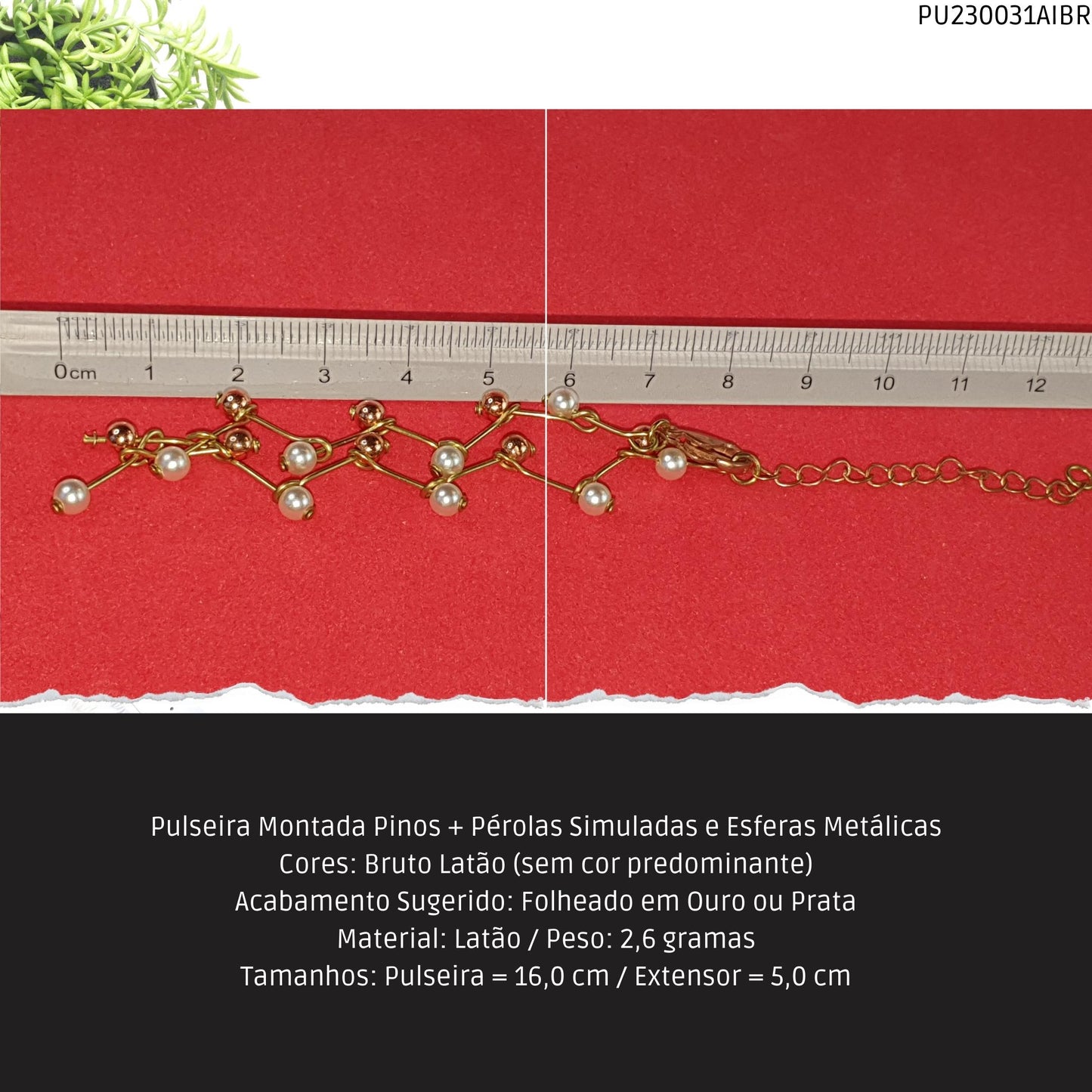 Pulseira Montada Pinos + Pérolas Simuladas e Esferas Metálicas  - Código.: PU230031AIBR  - Peso.: 2.6 gr