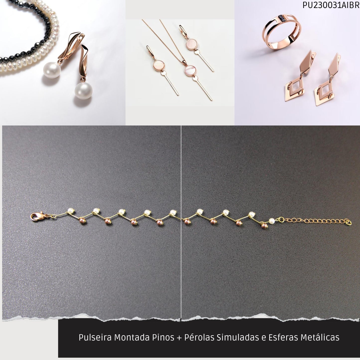 Pulseira Montada Pinos + Pérolas Simuladas e Esferas Metálicas  - Código.: PU230031AIBR  - Peso.: 2.6 gr