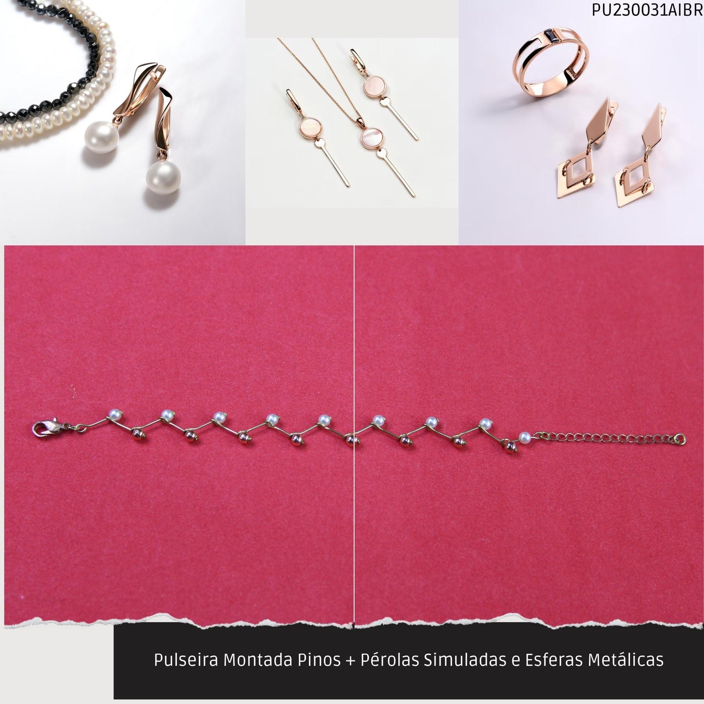 Pulseira Montada Pinos + Pérolas Simuladas e Esferas Metálicas  - Código.: PU230031AIBR  - Peso.: 2.6 gr