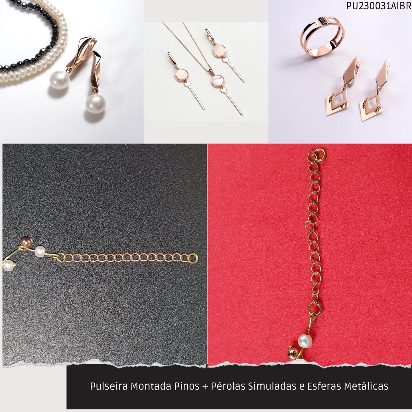 Pulseira Montada Pinos + Pérolas Simuladas e Esferas Metálicas  - Código.: PU230031AIBR  - Peso.: 2.6 gr