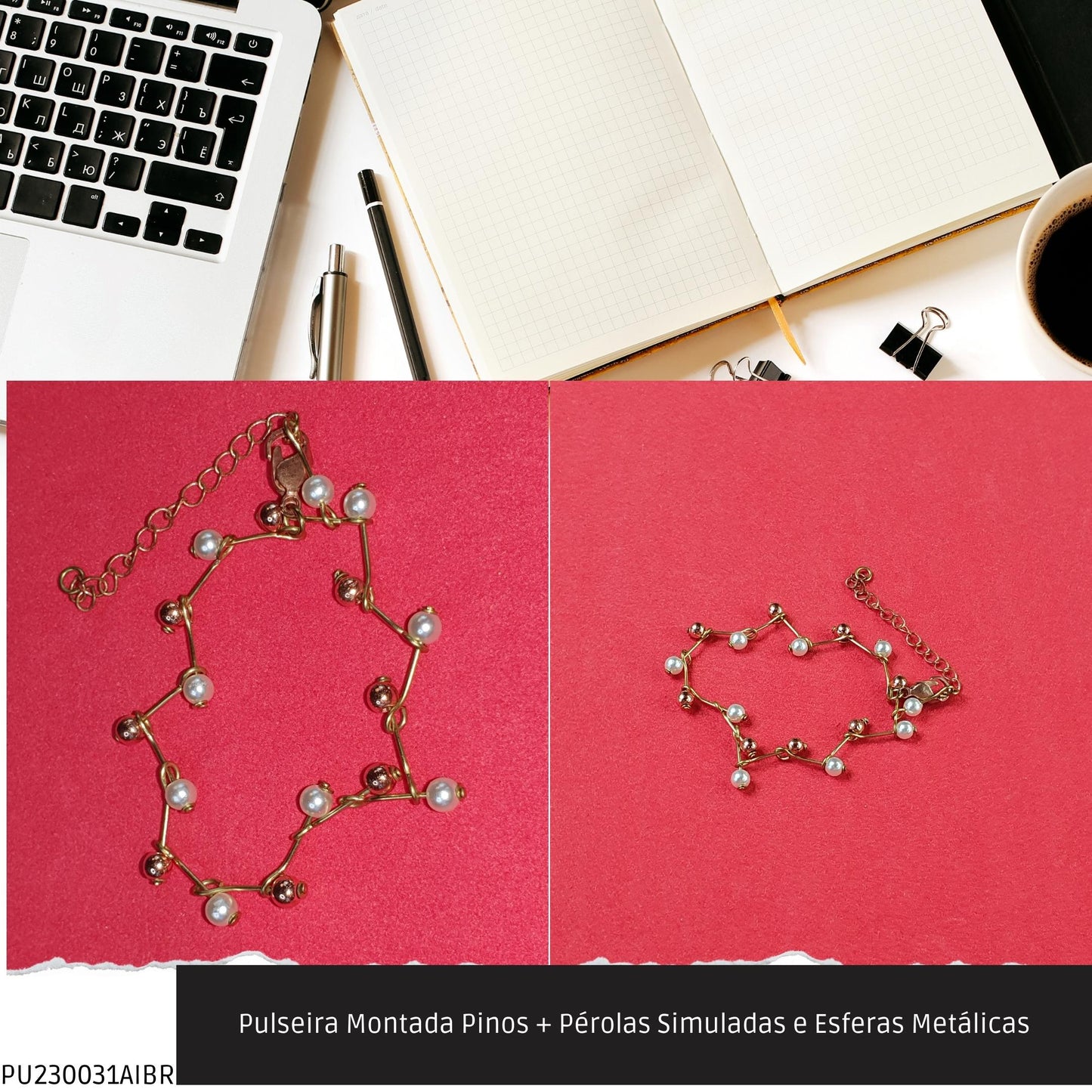 Pulseira Montada Pinos + Pérolas Simuladas e Esferas Metálicas  - Código.: PU230031AIBR  - Peso.: 2.6 gr