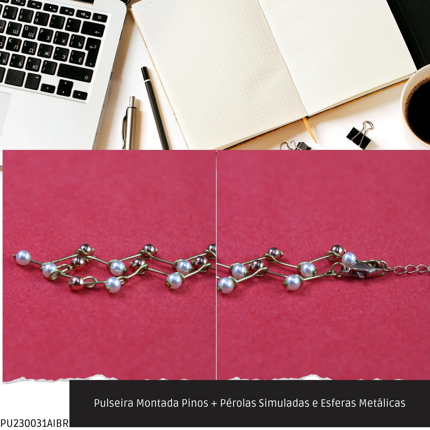 Pulseira Montada Pinos + Pérolas Simuladas e Esferas Metálicas  - Código.: PU230031AIBR  - Peso.: 2.6 gr