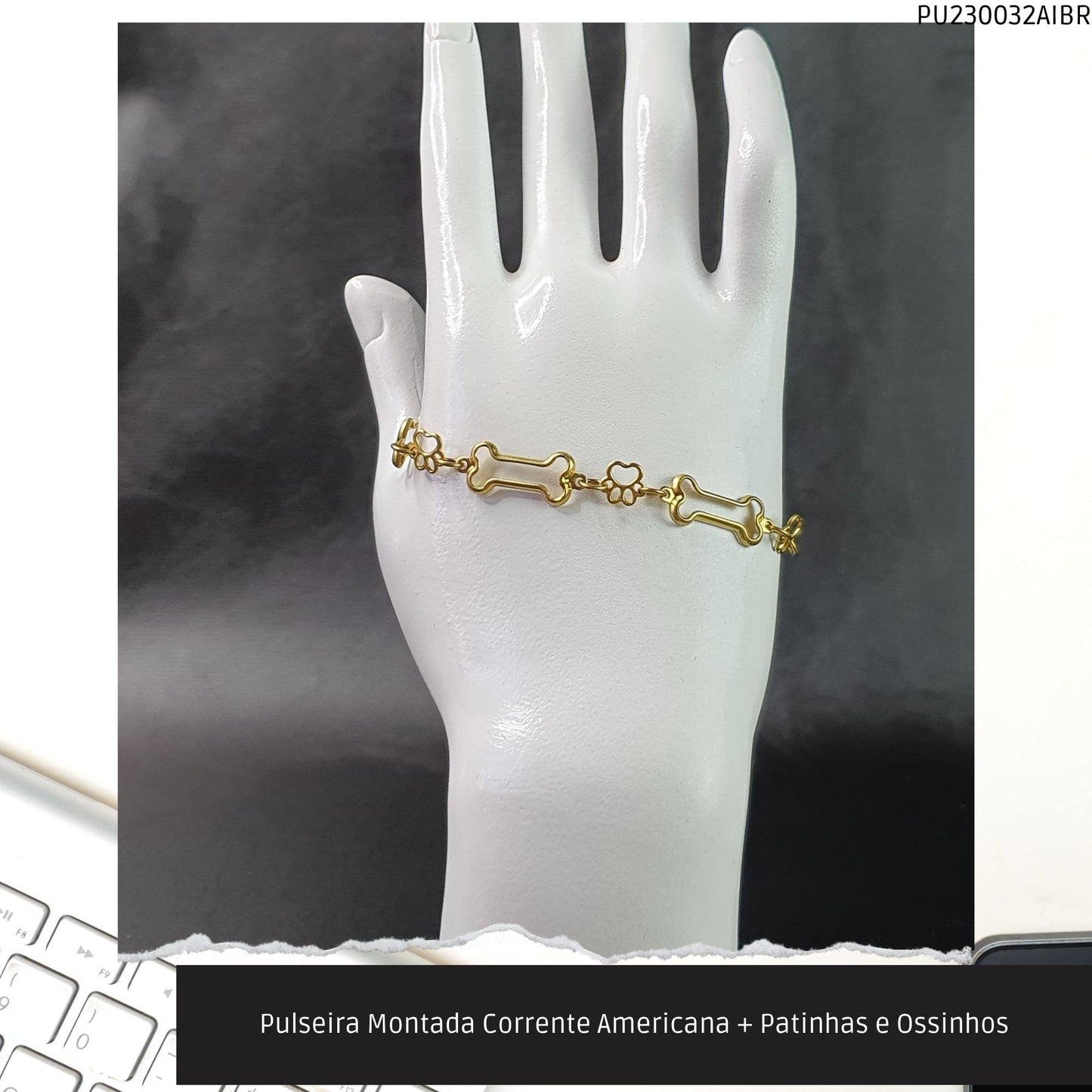 Pulseira Montada Corrente Americana + Patinhas e Ossinhos  - Código.: PU230032AIBR  - Peso.: 3.6 gr