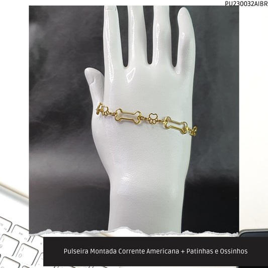 Pulseira Montada Corrente Americana + Patinhas e Ossinhos  - Código.: PU230032AIBR  - Peso.: 3.6 gr