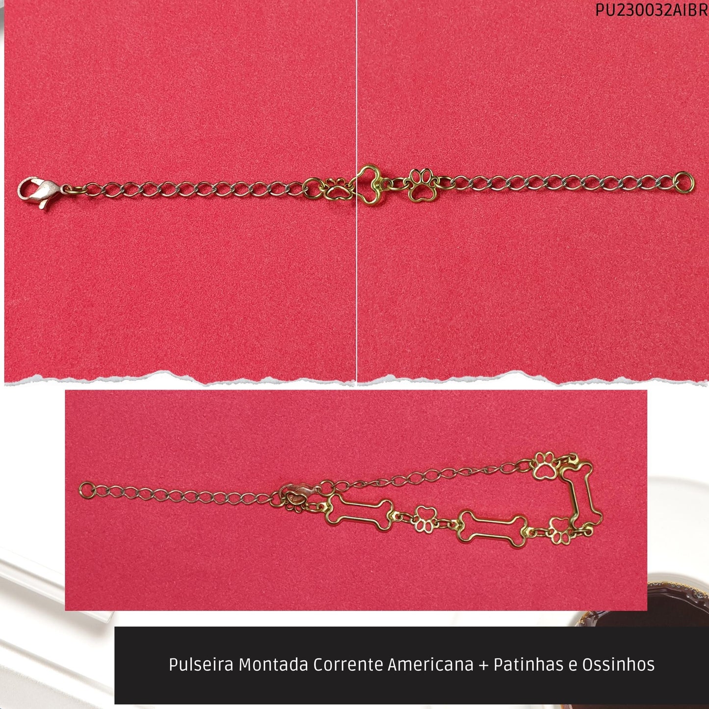 Pulseira Montada Corrente Americana + Patinhas e Ossinhos  - Código.: PU230032AIBR  - Peso.: 3.6 gr