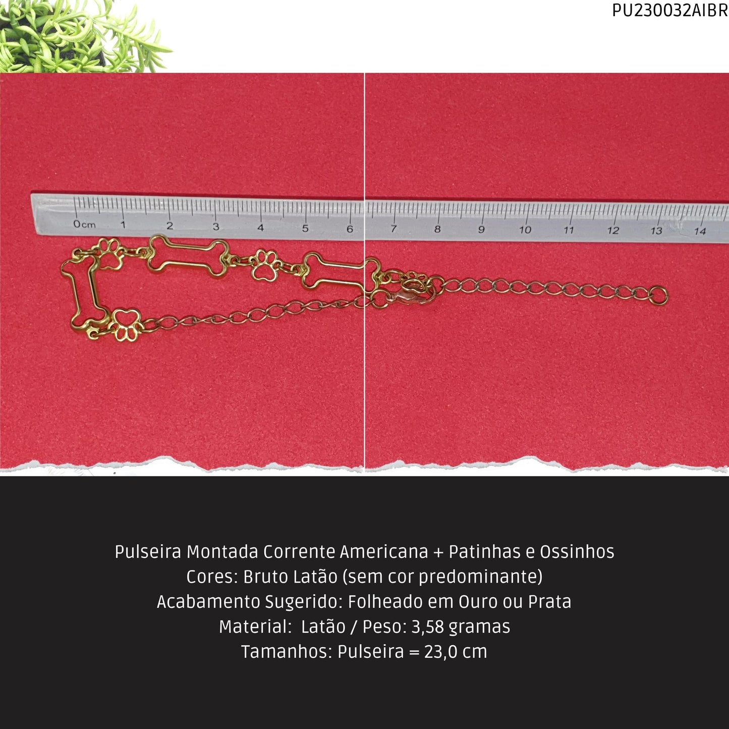 Pulseira Montada Corrente Americana + Patinhas e Ossinhos  - Código.: PU230032AIBR  - Peso.: 3.6 gr