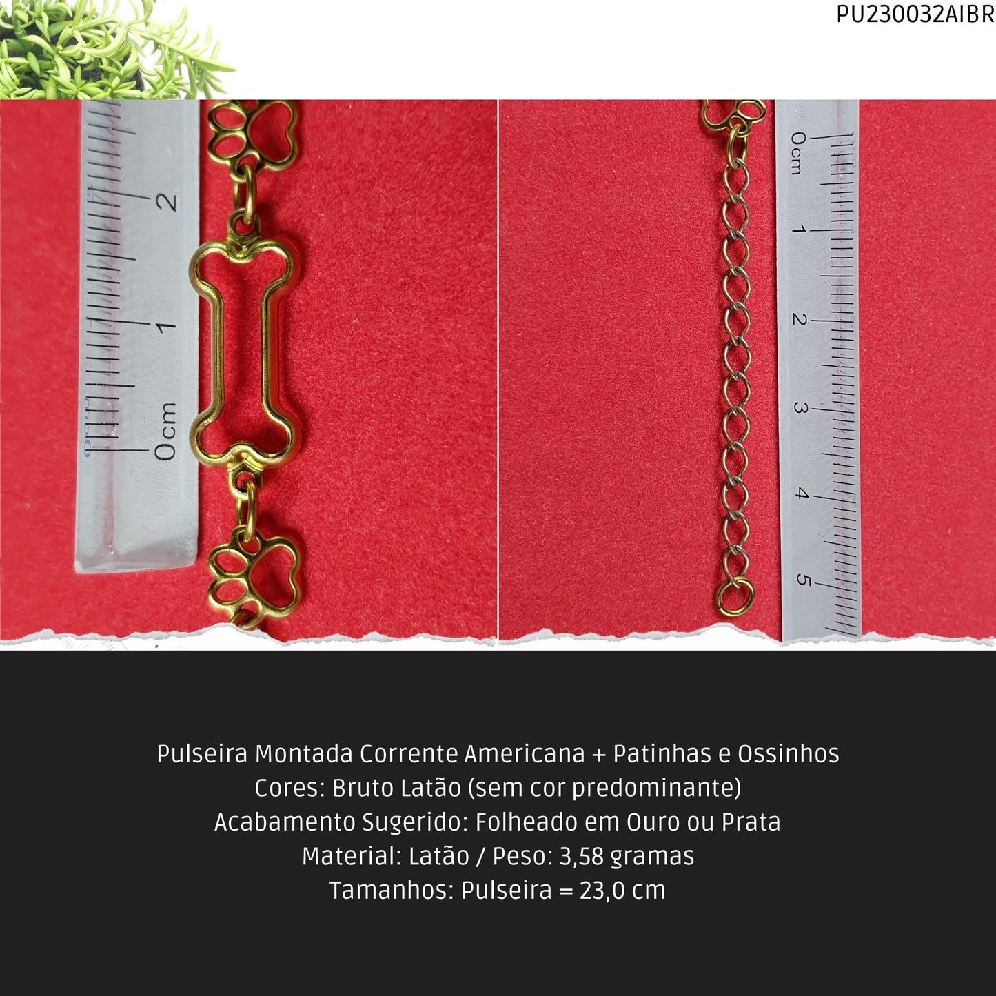 Pulseira Montada Corrente Americana + Patinhas e Ossinhos  - Código.: PU230032AIBR  - Peso.: 3.6 gr