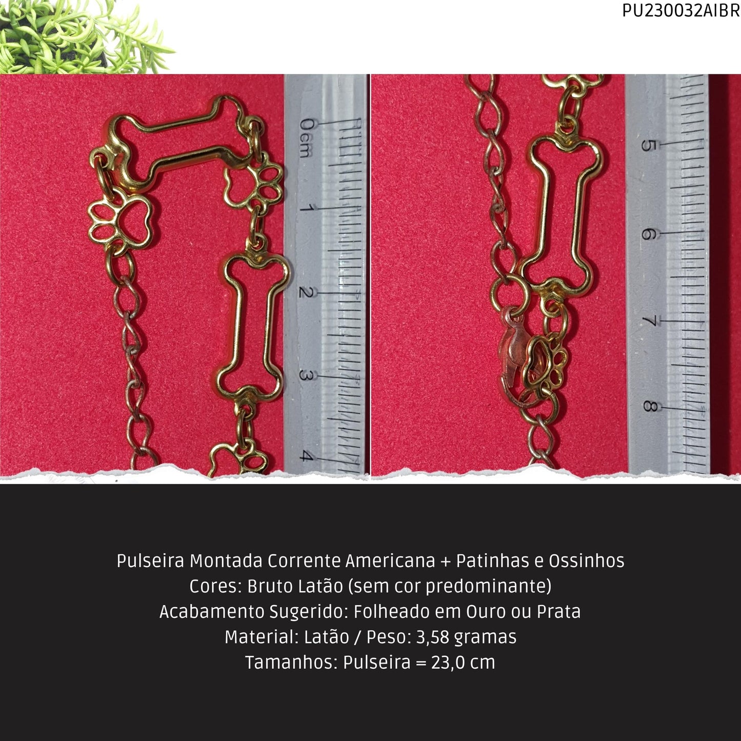 Pulseira Montada Corrente Americana + Patinhas e Ossinhos  - Código.: PU230032AIBR  - Peso.: 3.6 gr