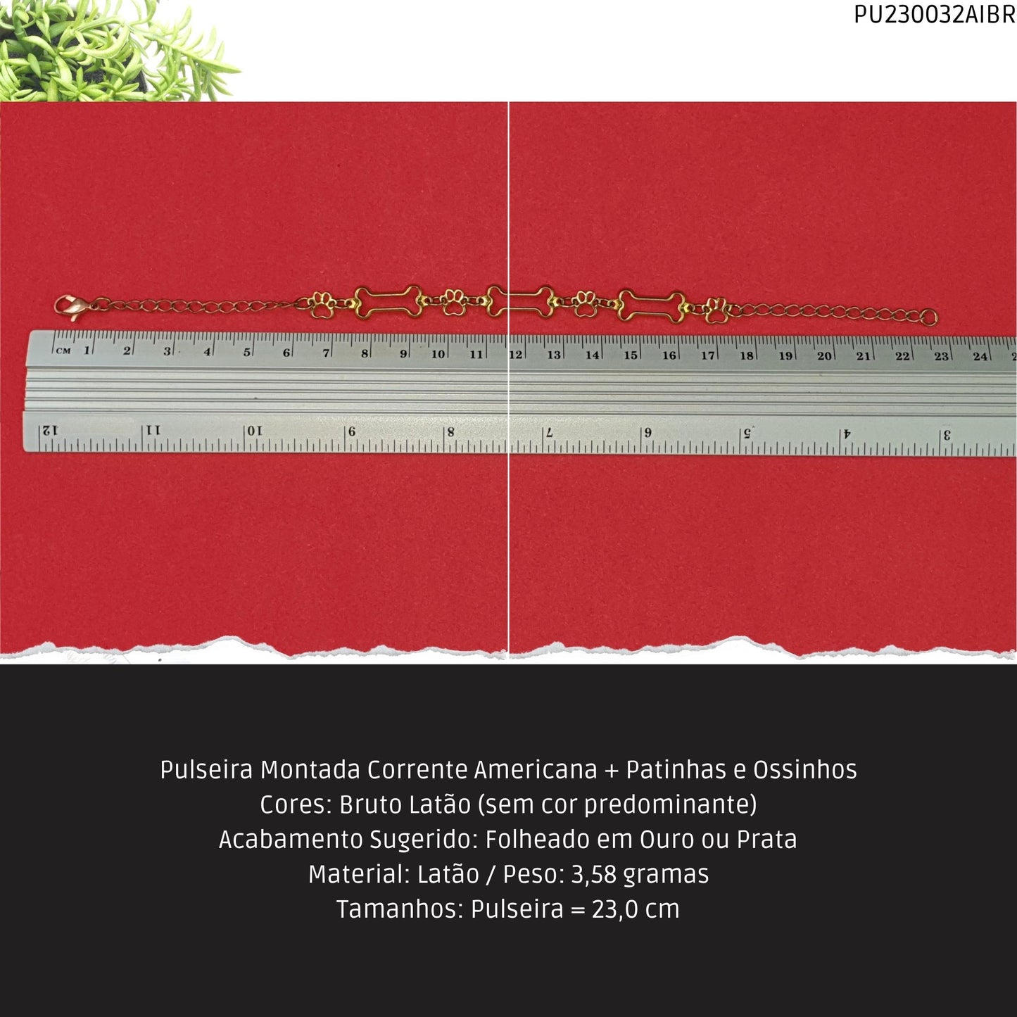 Pulseira Montada Corrente Americana + Patinhas e Ossinhos  - Código.: PU230032AIBR  - Peso.: 3.6 gr