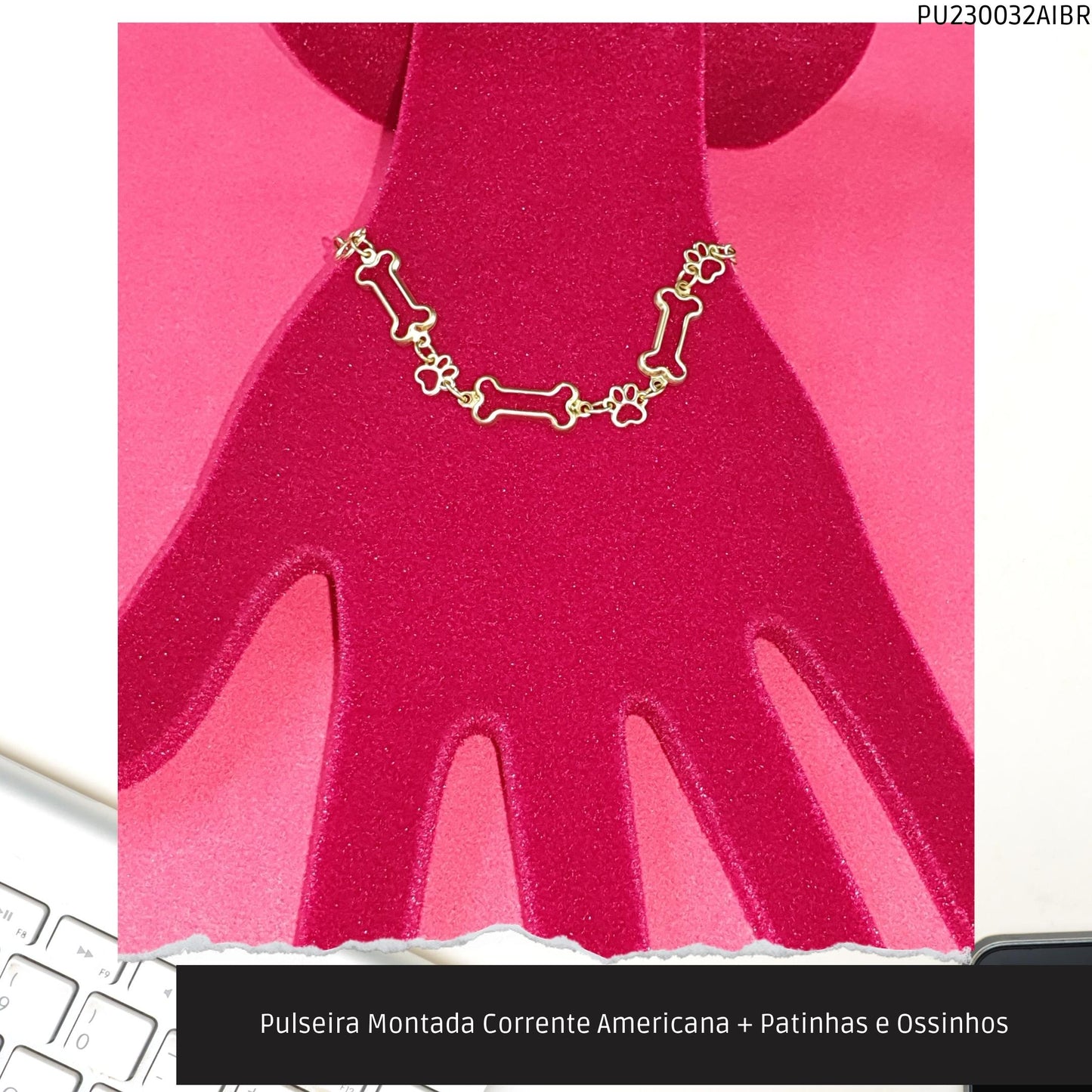 Pulseira Montada Corrente Americana + Patinhas e Ossinhos  - Código.: PU230032AIBR  - Peso.: 3.6 gr