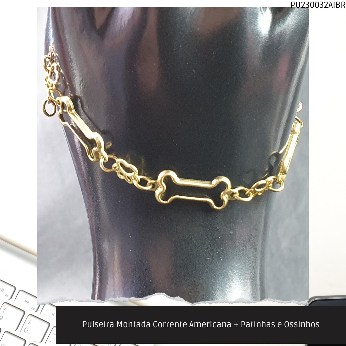 Pulseira Montada Corrente Americana + Patinhas e Ossinhos  - Código.: PU230032AIBR  - Peso.: 3.6 gr
