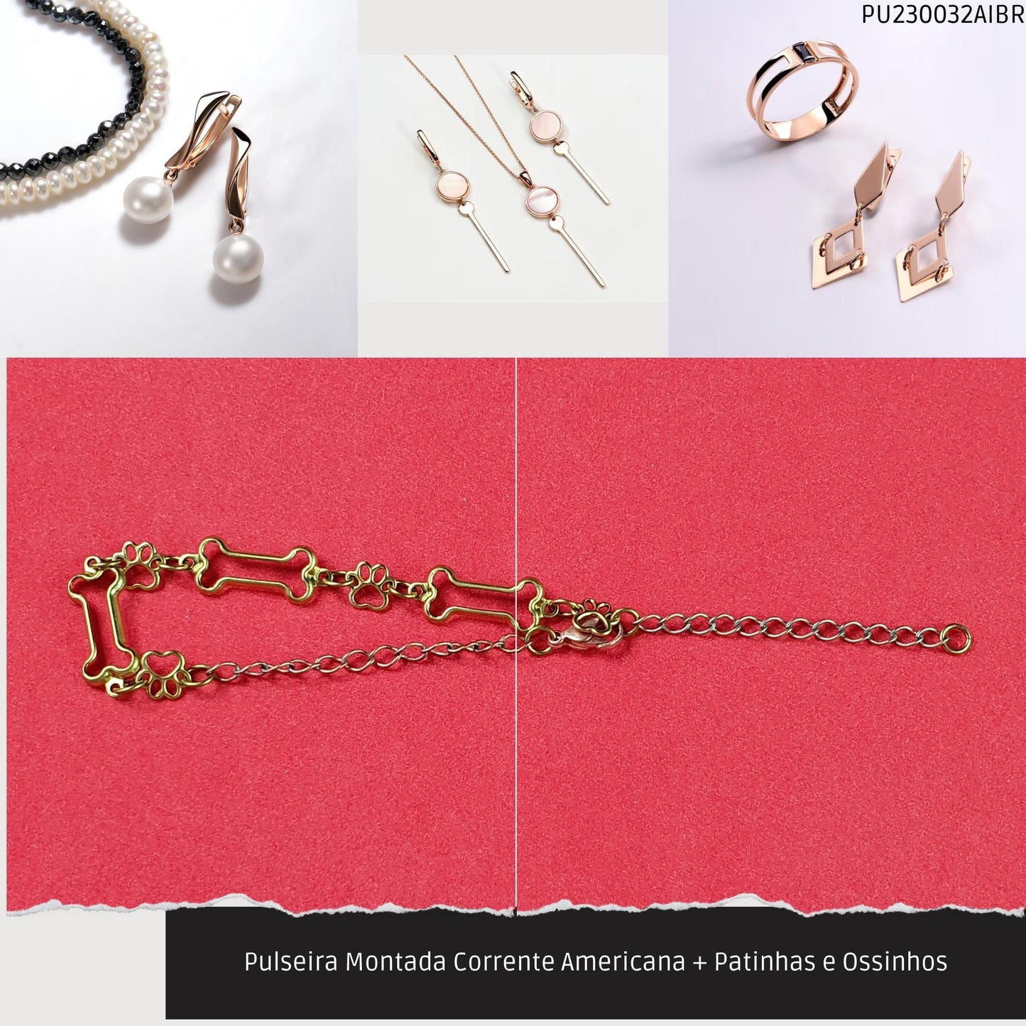Pulseira Montada Corrente Americana + Patinhas e Ossinhos  - Código.: PU230032AIBR  - Peso.: 3.6 gr