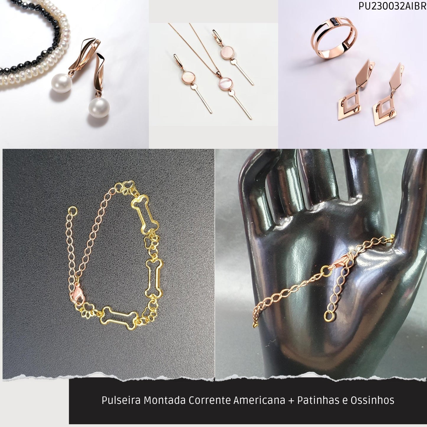 Pulseira Montada Corrente Americana + Patinhas e Ossinhos  - Código.: PU230032AIBR  - Peso.: 3.6 gr