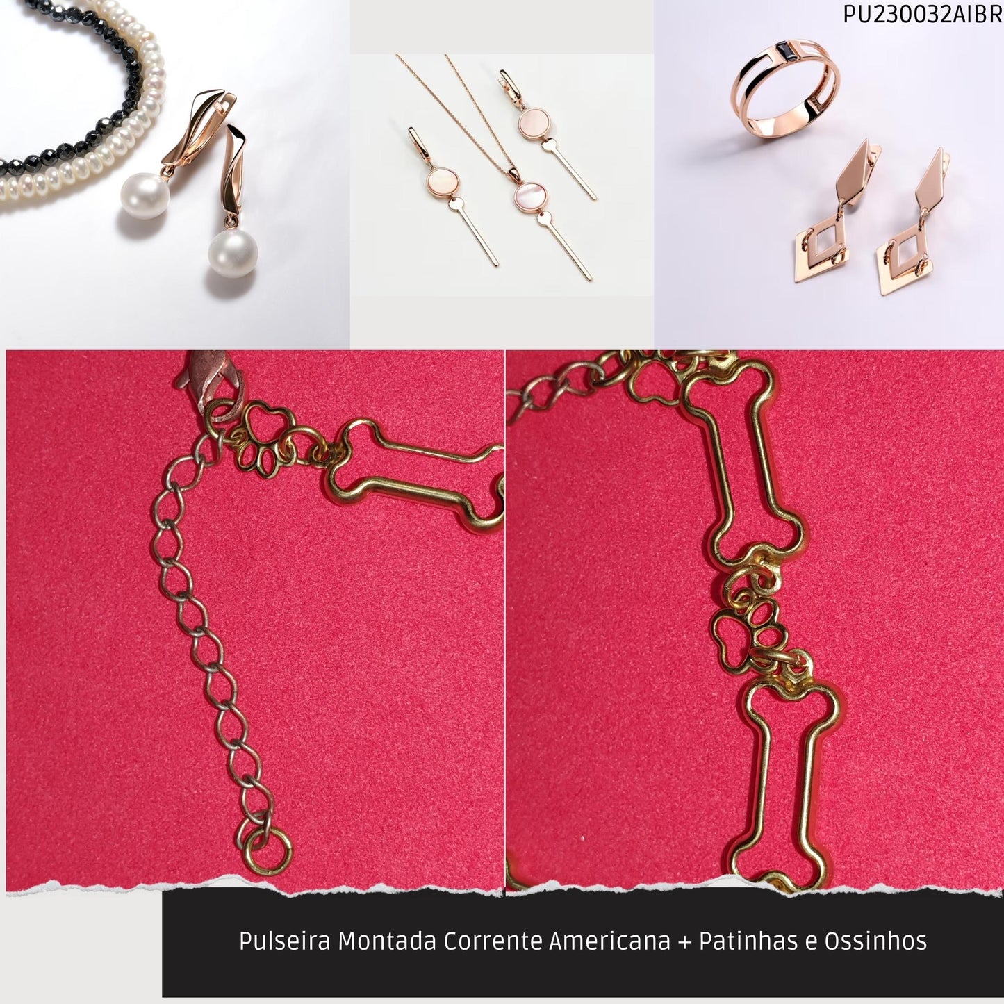Pulseira Montada Corrente Americana + Patinhas e Ossinhos  - Código.: PU230032AIBR  - Peso.: 3.6 gr