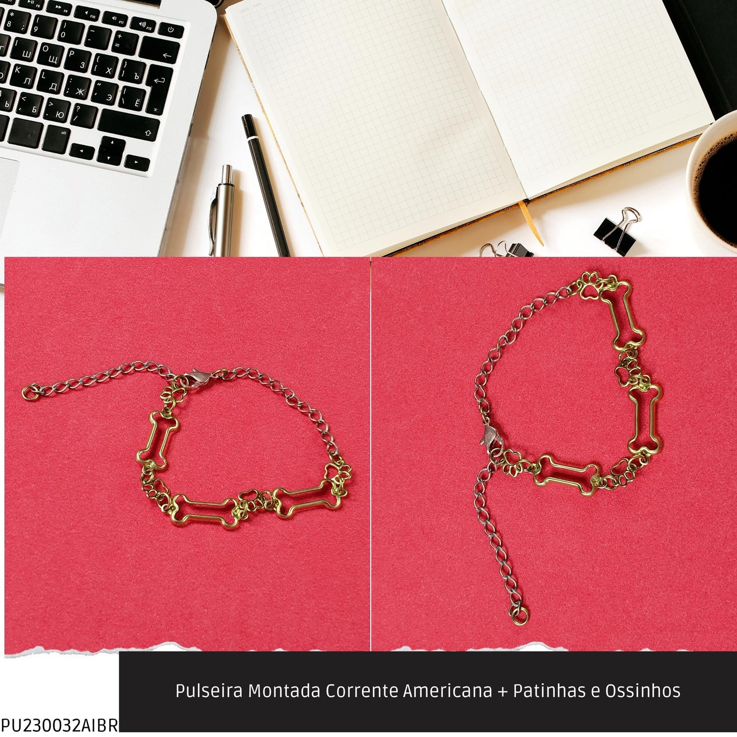 Pulseira Montada Corrente Americana + Patinhas e Ossinhos  - Código.: PU230032AIBR  - Peso.: 3.6 gr
