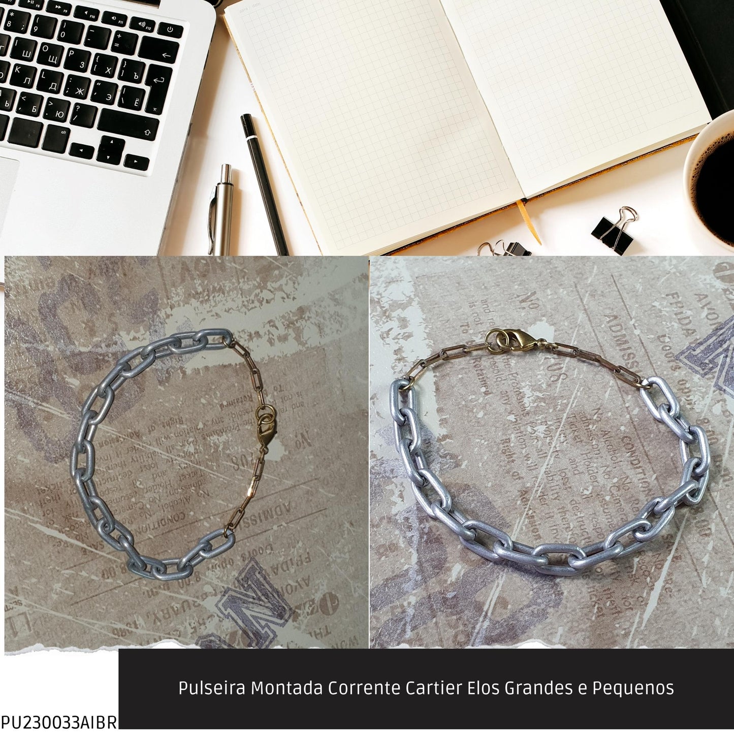 Pulseira Montada Corrente Cartier Elos Grandes e Pequenos  - Código.: PU230033AIBR  - Peso.: 5.7 gr