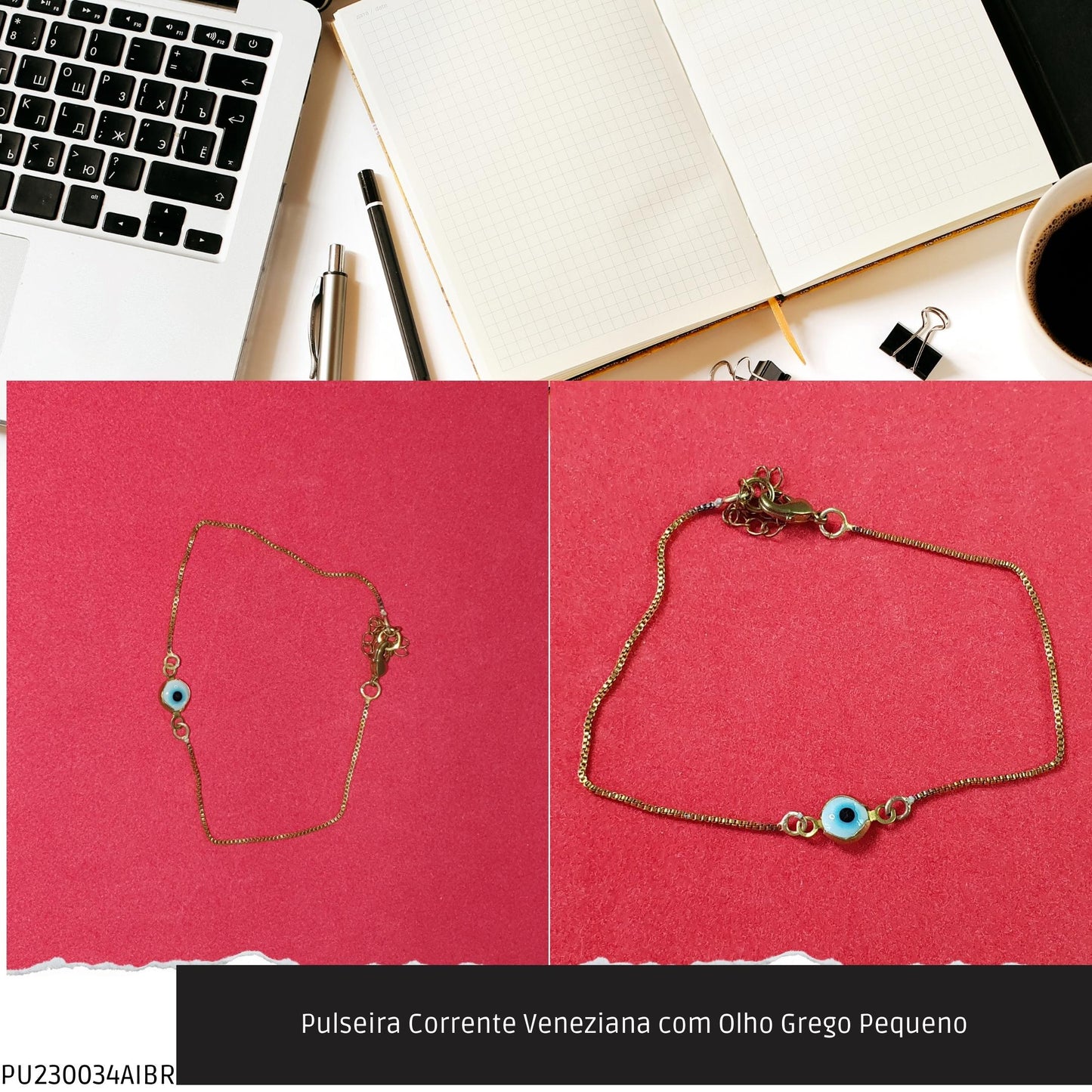 Pulseira Corrente Veneziana com Olho Grego Pequeno  - Código.: PU230034AIBR  - Peso.: 1.4 gr