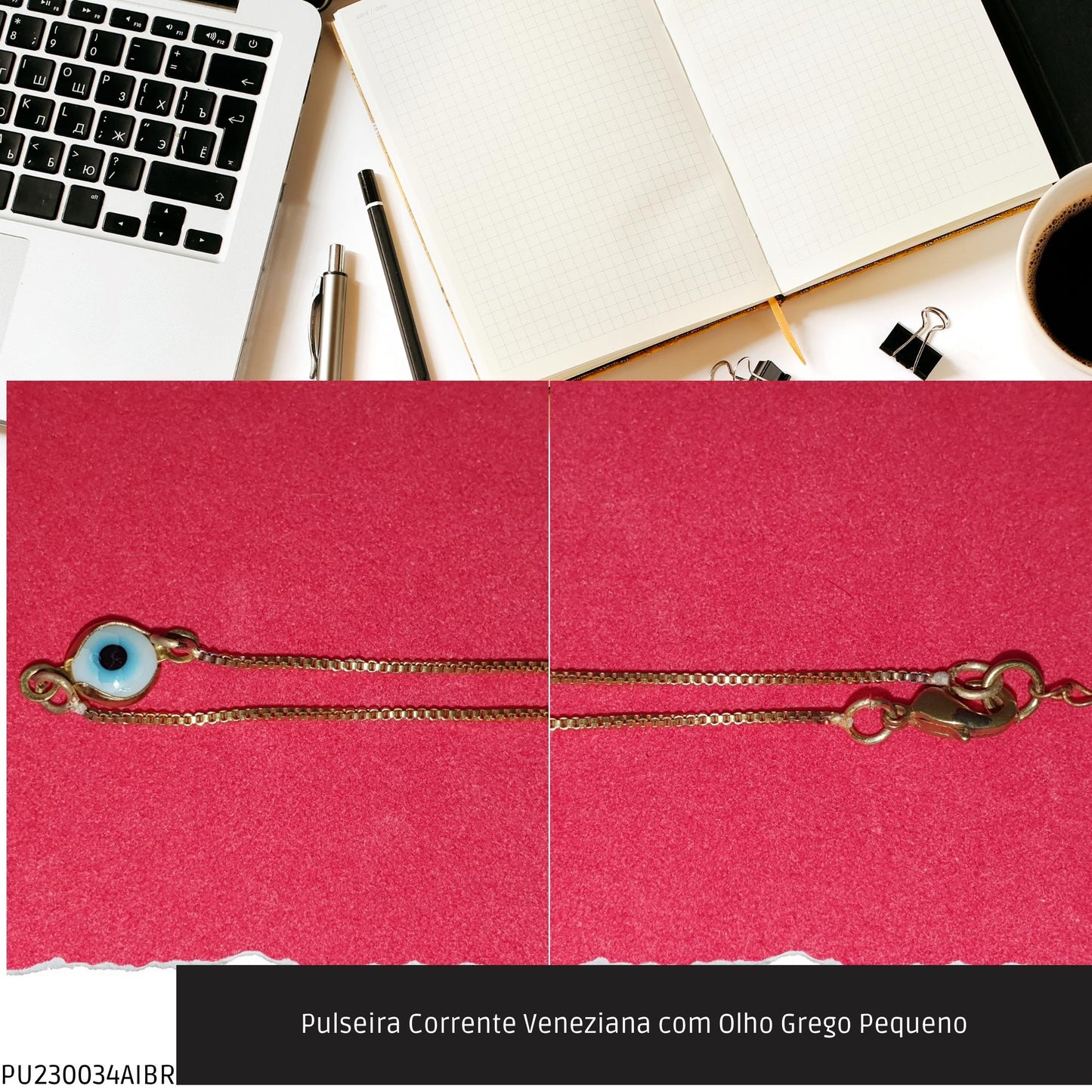 Pulseira Corrente Veneziana com Olho Grego Pequeno  - Código.: PU230034AIBR  - Peso.: 1.4 gr