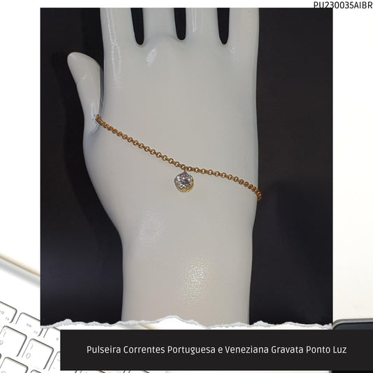 Pulseira Correntes Portuguesa e Veneziana Gravata Ponto Luz  - Código.: PU230035AIBR  - Peso.: 2.5 gr