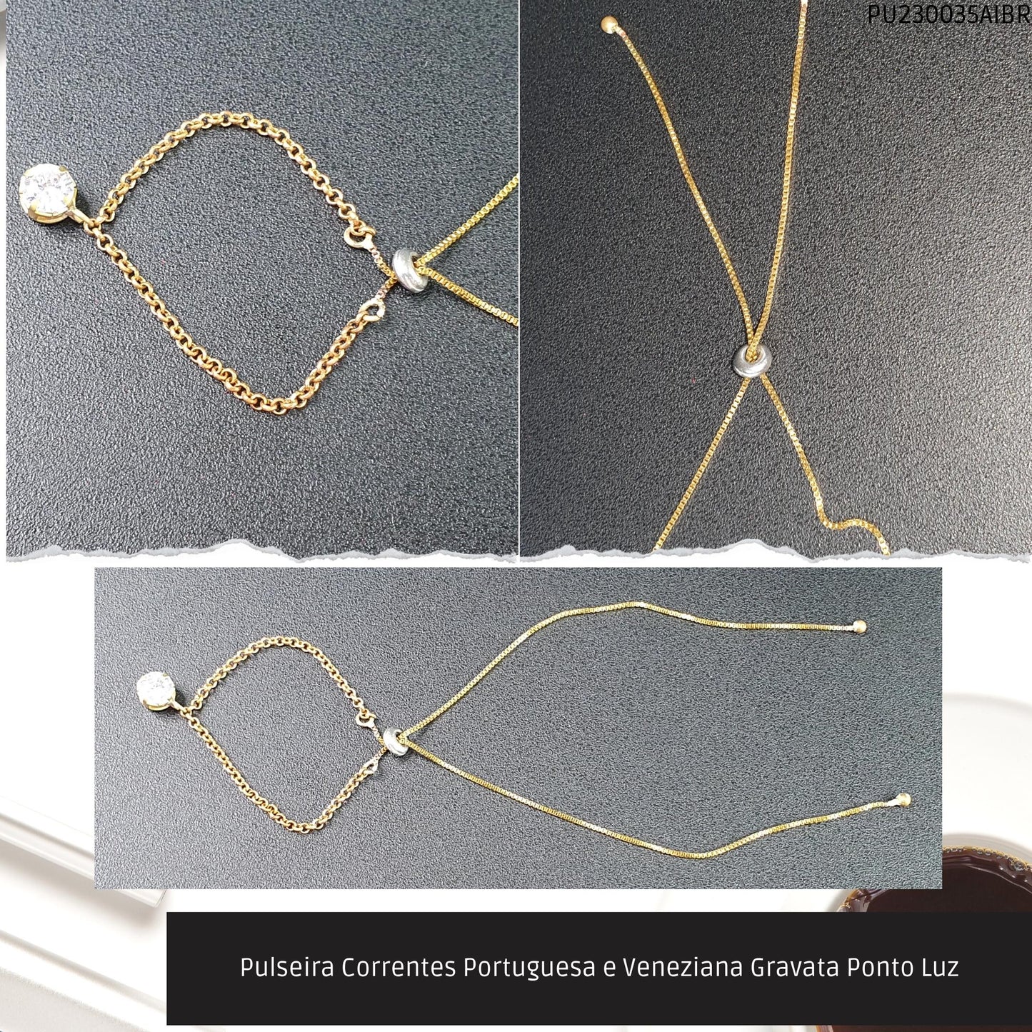 Pulseira Correntes Portuguesa e Veneziana Gravata Ponto Luz  - Código.: PU230035AIBR  - Peso.: 2.5 gr