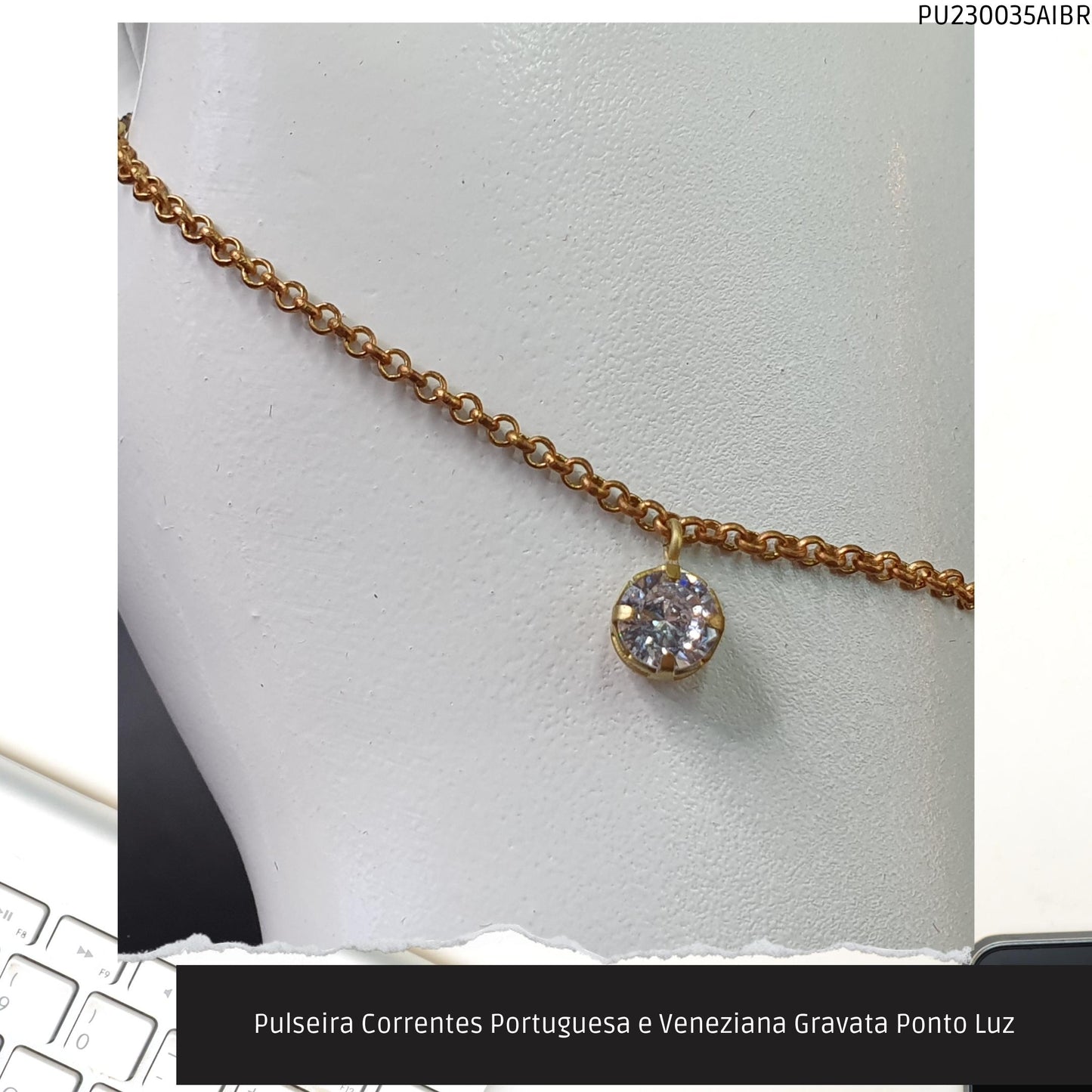 Pulseira Correntes Portuguesa e Veneziana Gravata Ponto Luz  - Código.: PU230035AIBR  - Peso.: 2.5 gr