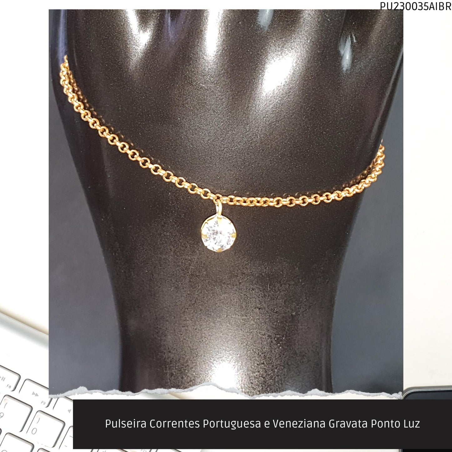 Pulseira Correntes Portuguesa e Veneziana Gravata Ponto Luz  - Código.: PU230035AIBR  - Peso.: 2.5 gr