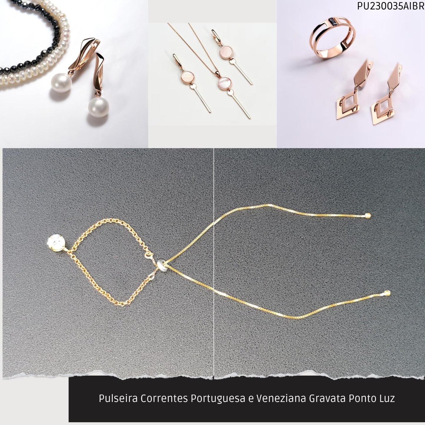 Pulseira Correntes Portuguesa e Veneziana Gravata Ponto Luz  - Código.: PU230035AIBR  - Peso.: 2.5 gr