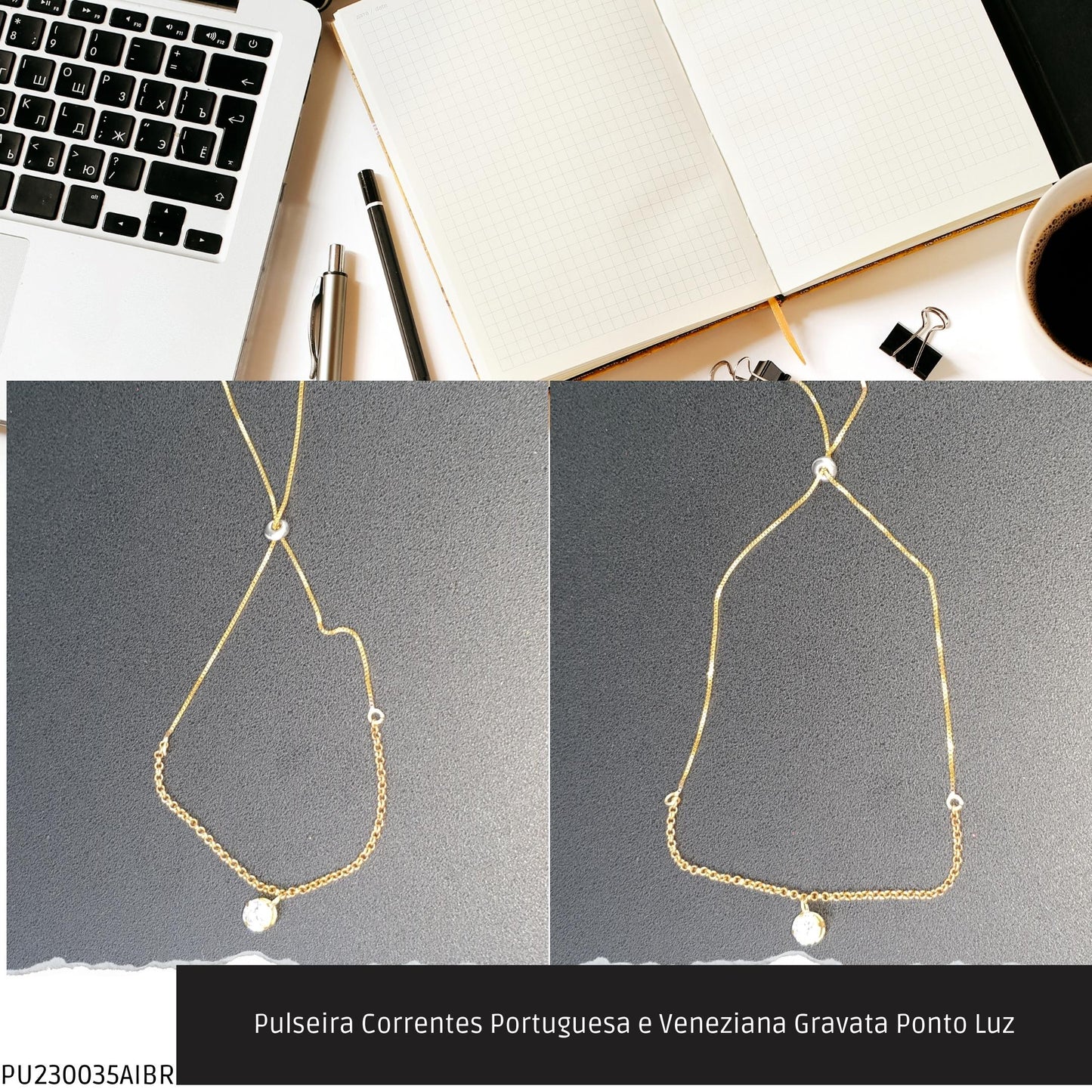 Pulseira Correntes Portuguesa e Veneziana Gravata Ponto Luz  - Código.: PU230035AIBR  - Peso.: 2.5 gr