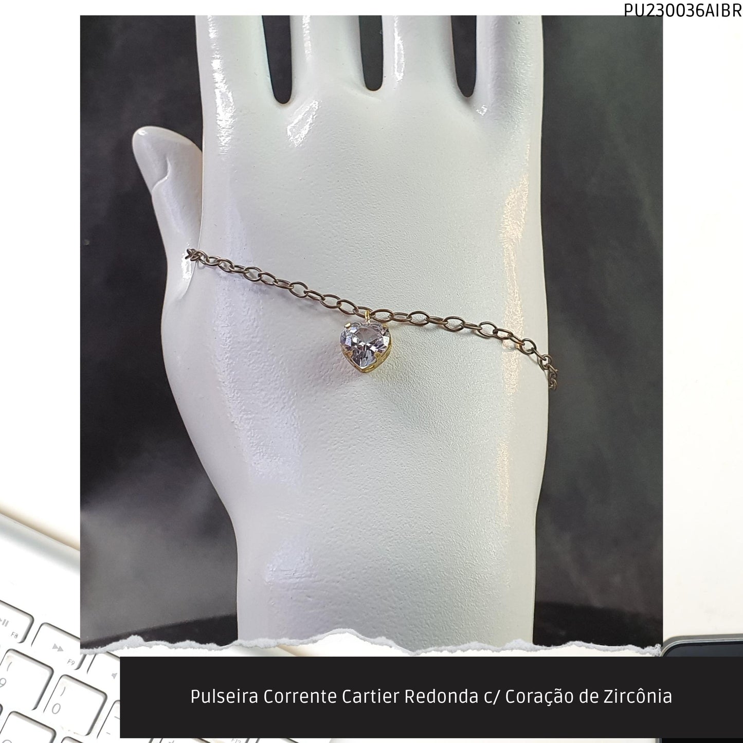 Pulseira Corrente Cartier Redonda c/ Coração de Zircônia  - Código.: PU230036AIBR  - Peso.: 2.3 gr