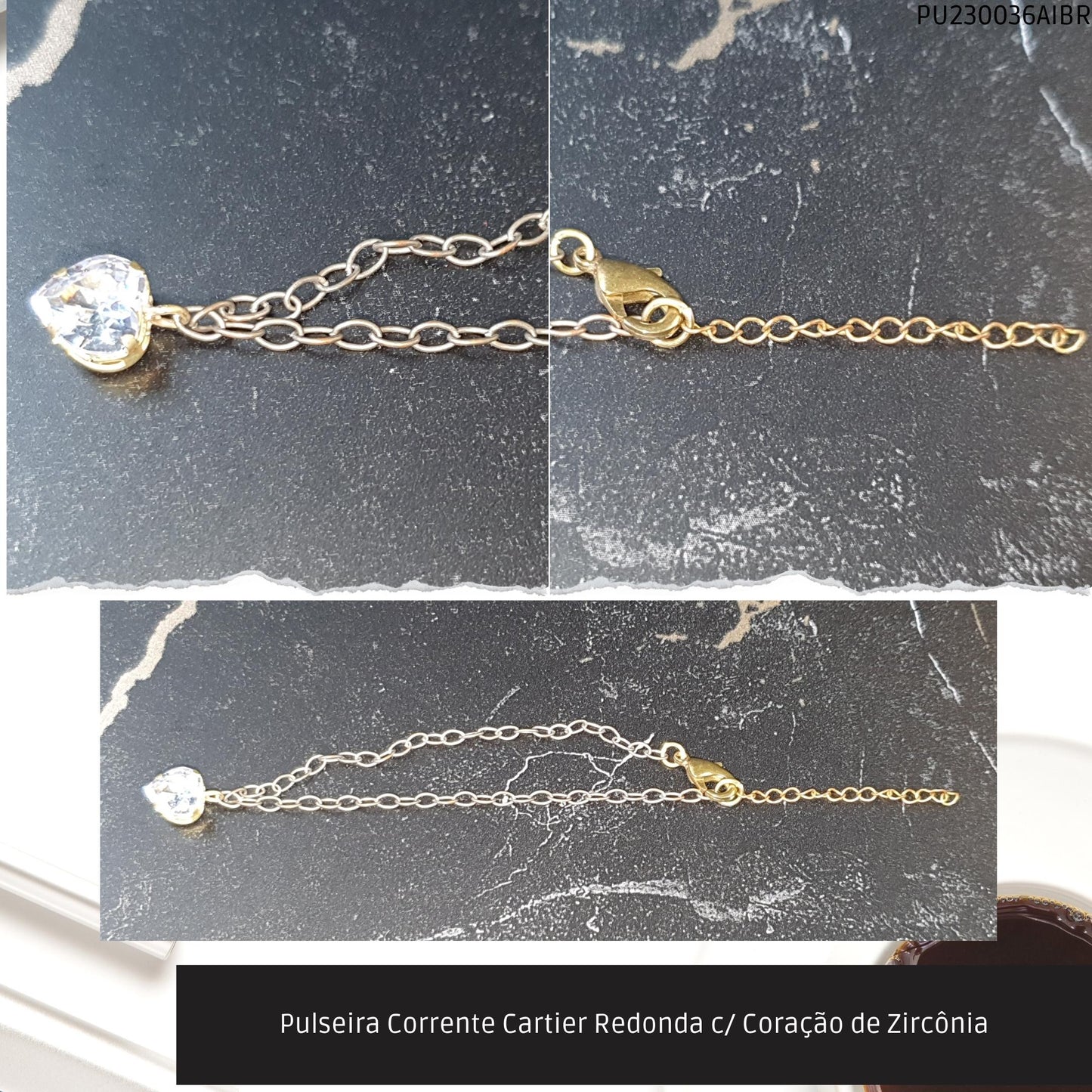 Pulseira Corrente Cartier Redonda c/ Coração de Zircônia  - Código.: PU230036AIBR  - Peso.: 2.3 gr