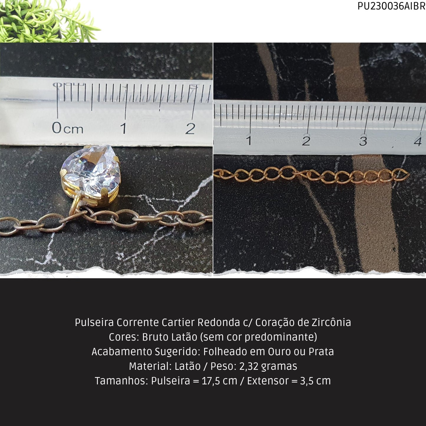 Pulseira Corrente Cartier Redonda c/ Coração de Zircônia  - Código.: PU230036AIBR  - Peso.: 2.3 gr