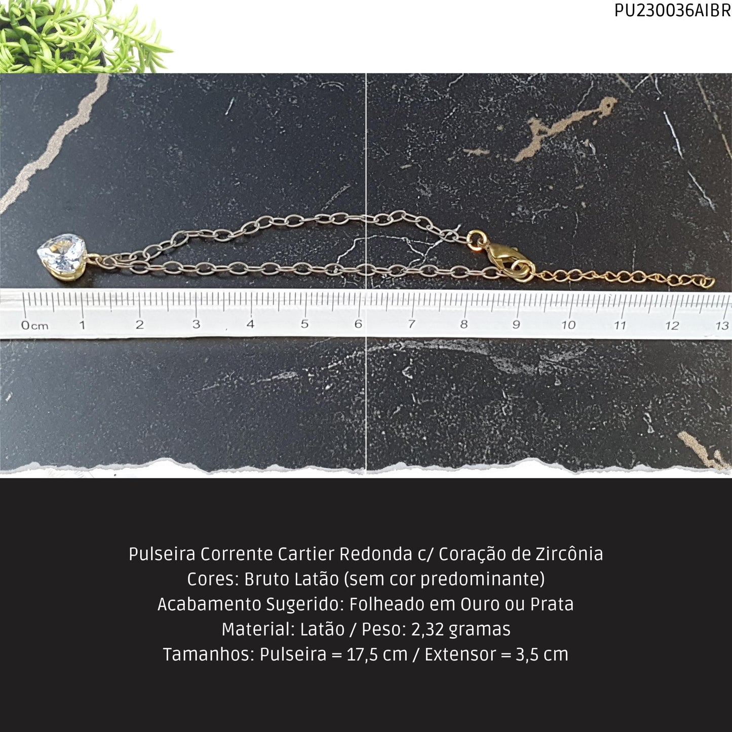 Pulseira Corrente Cartier Redonda c/ Coração de Zircônia  - Código.: PU230036AIBR  - Peso.: 2.3 gr