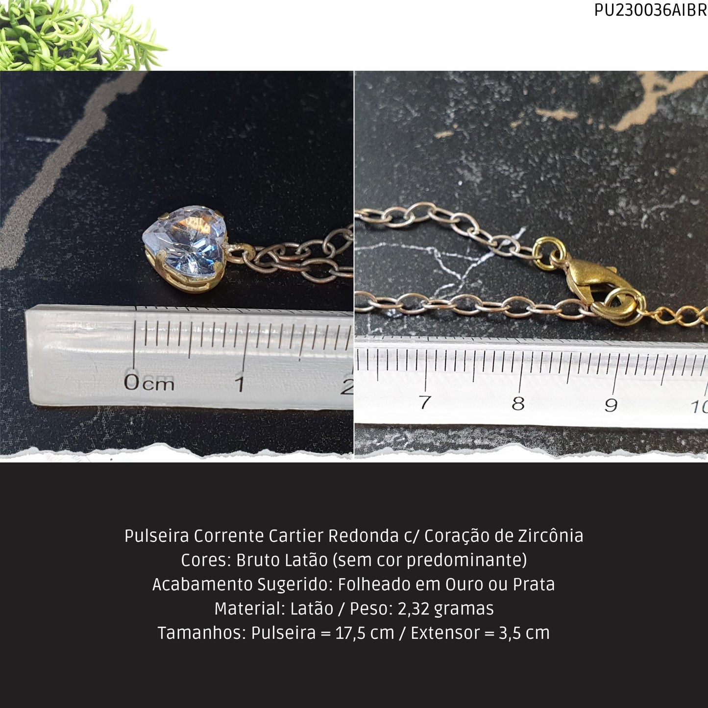 Pulseira Corrente Cartier Redonda c/ Coração de Zircônia  - Código.: PU230036AIBR  - Peso.: 2.3 gr