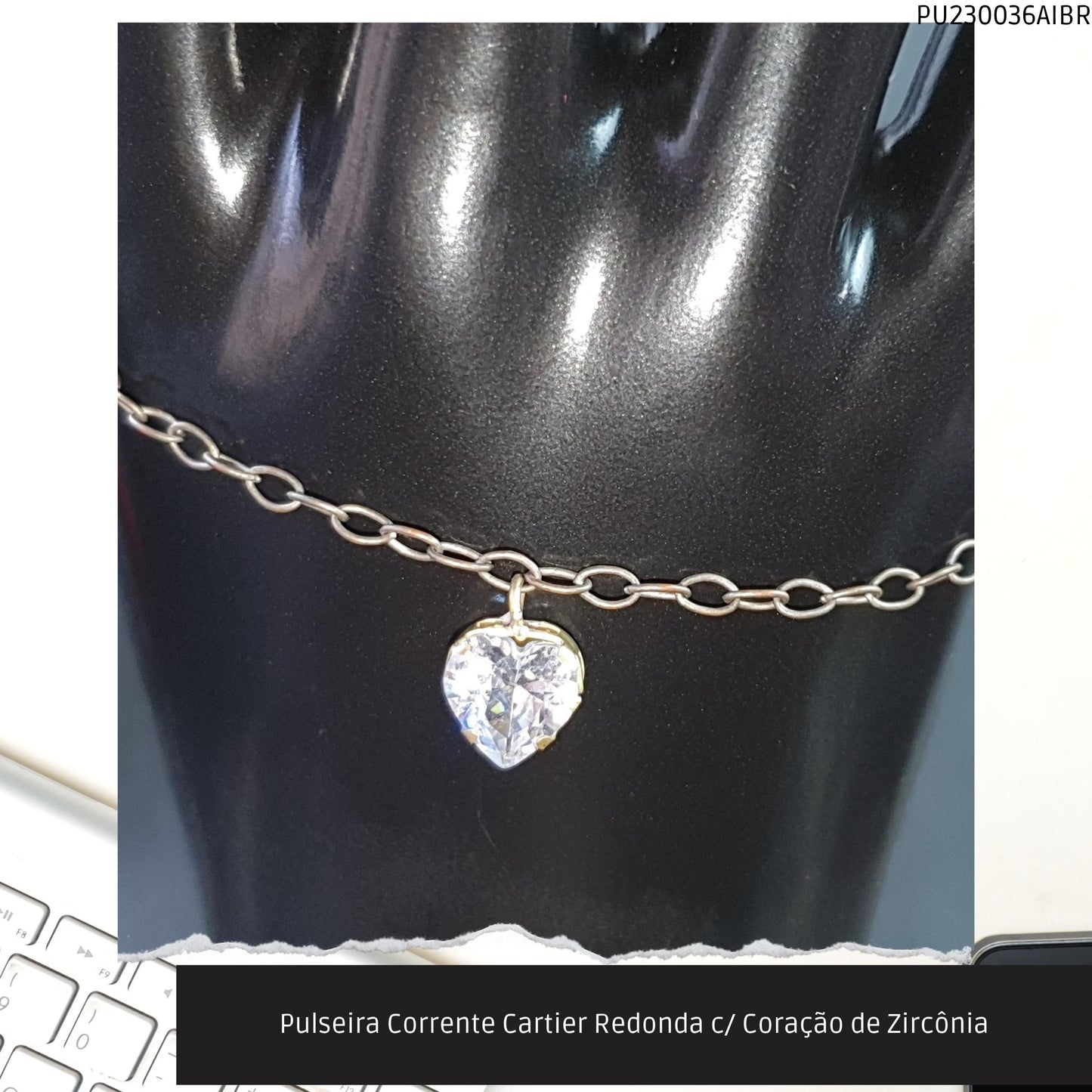 Pulseira Corrente Cartier Redonda c/ Coração de Zircônia  - Código.: PU230036AIBR  - Peso.: 2.3 gr