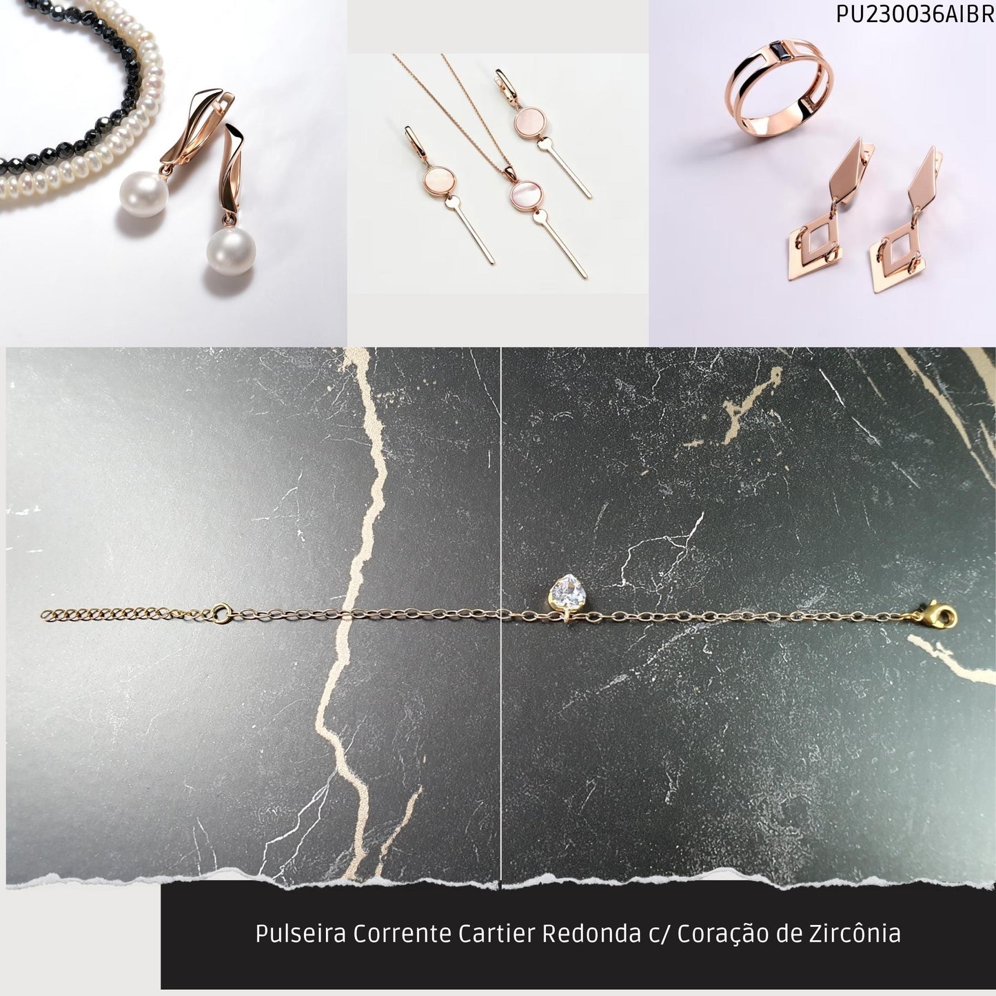 Pulseira Corrente Cartier Redonda c/ Coração de Zircônia  - Código.: PU230036AIBR  - Peso.: 2.3 gr