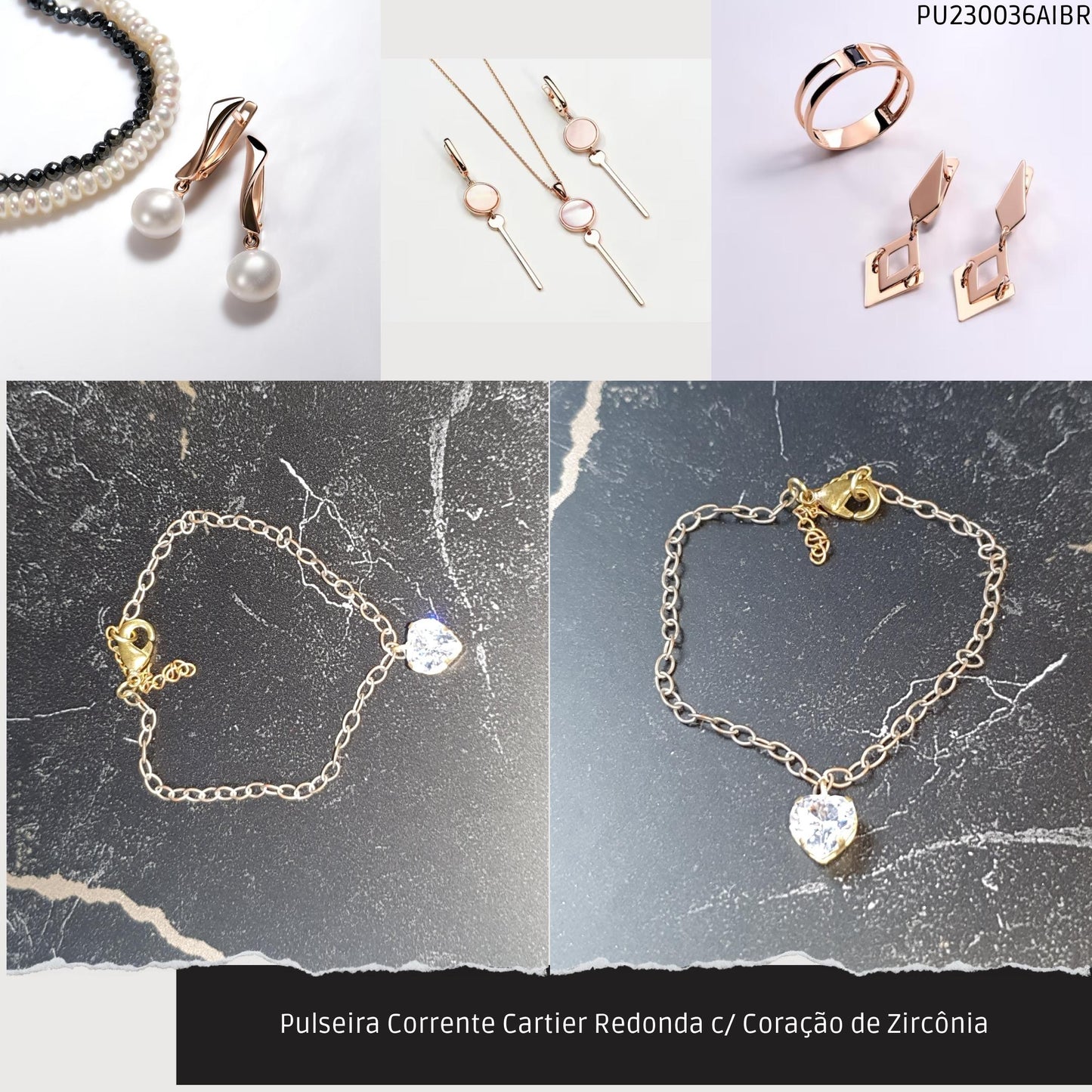 Pulseira Corrente Cartier Redonda c/ Coração de Zircônia  - Código.: PU230036AIBR  - Peso.: 2.3 gr