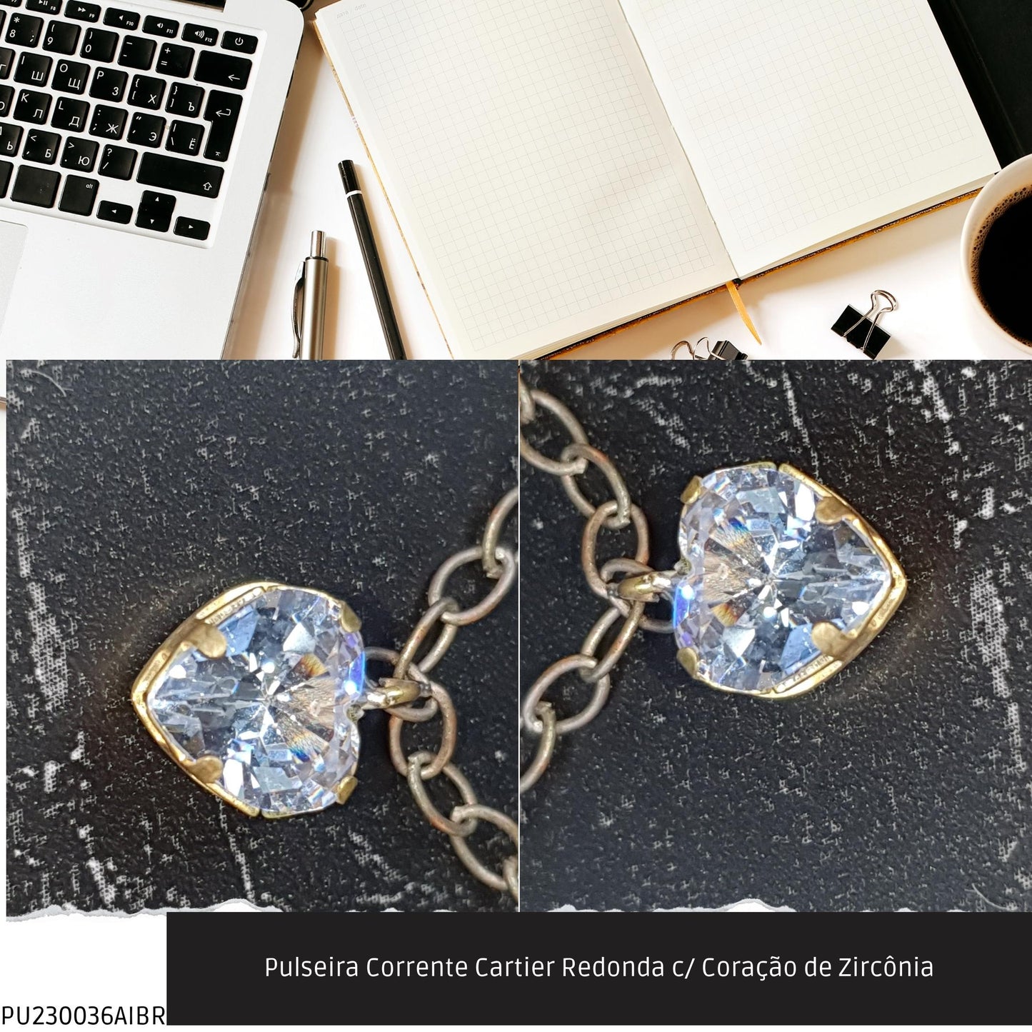 Pulseira Corrente Cartier Redonda c/ Coração de Zircônia  - Código.: PU230036AIBR  - Peso.: 2.3 gr