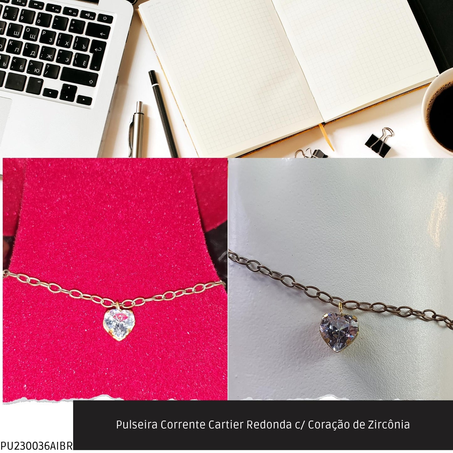 Pulseira Corrente Cartier Redonda c/ Coração de Zircônia  - Código.: PU230036AIBR  - Peso.: 2.3 gr