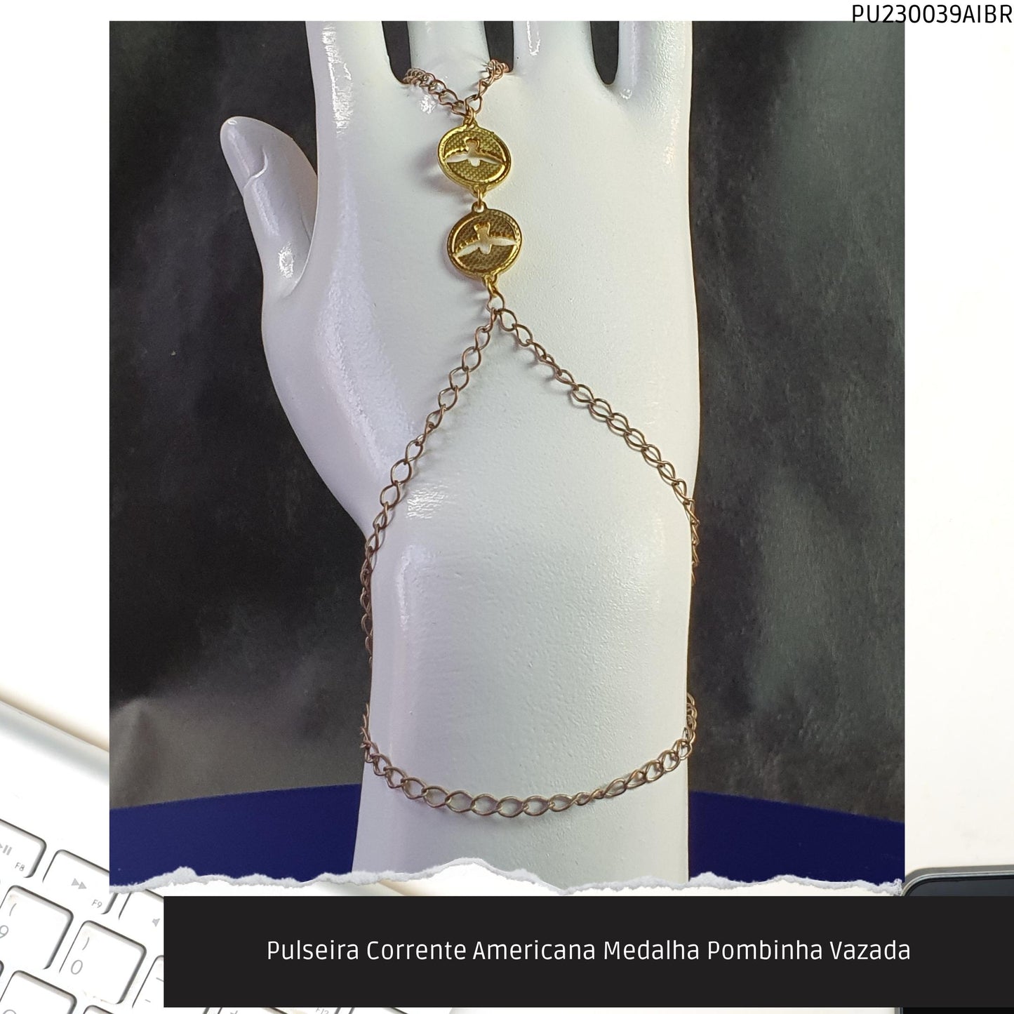 Pulseira Corrente Americana Medalha Pombinha Vazada  - Código.: PU230039AIBR  - Peso.: 4.4 gr