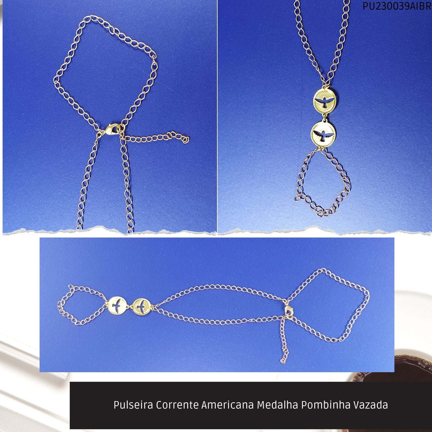 Pulseira Corrente Americana Medalha Pombinha Vazada  - Código.: PU230039AIBR  - Peso.: 4.4 gr