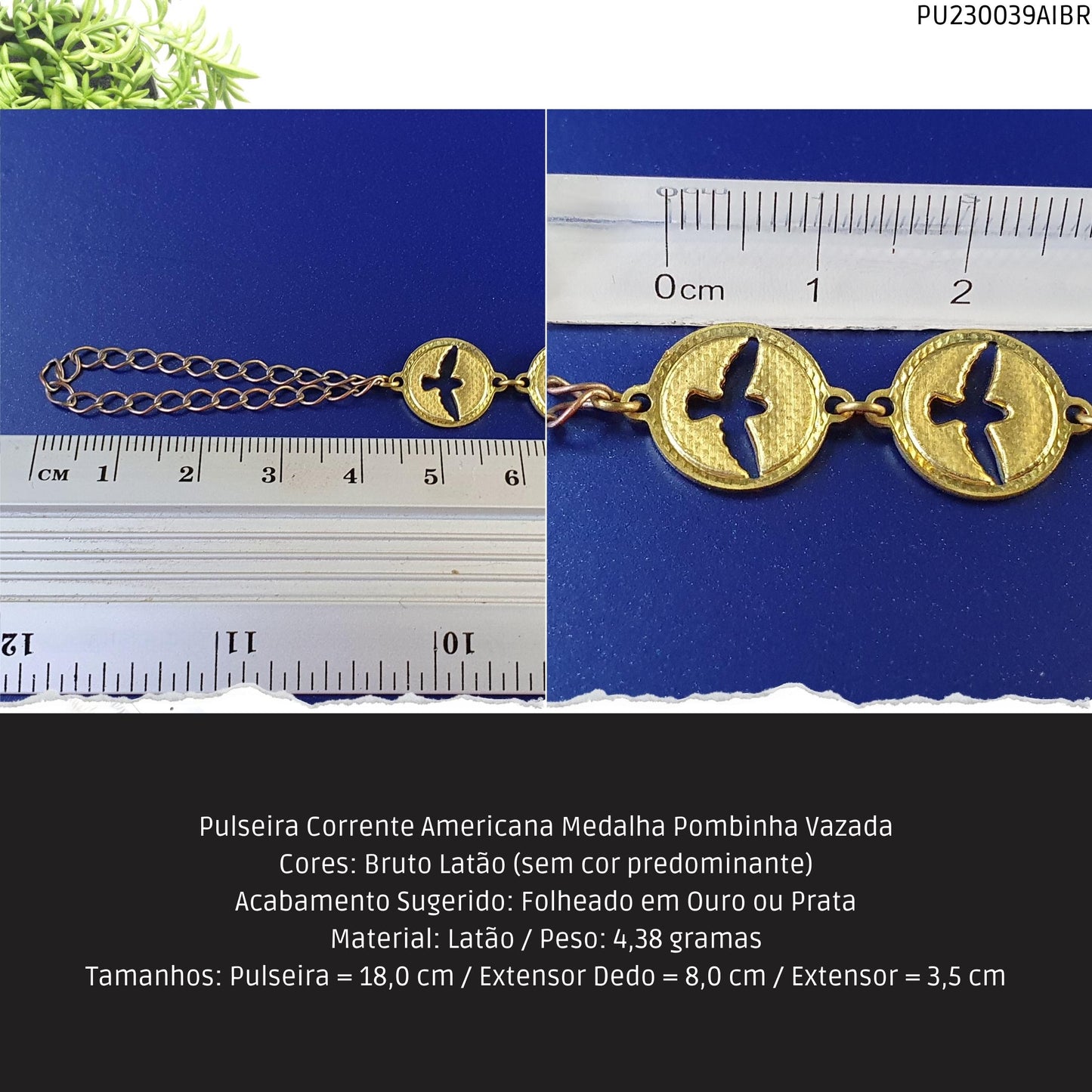 Pulseira Corrente Americana Medalha Pombinha Vazada  - Código.: PU230039AIBR  - Peso.: 4.4 gr