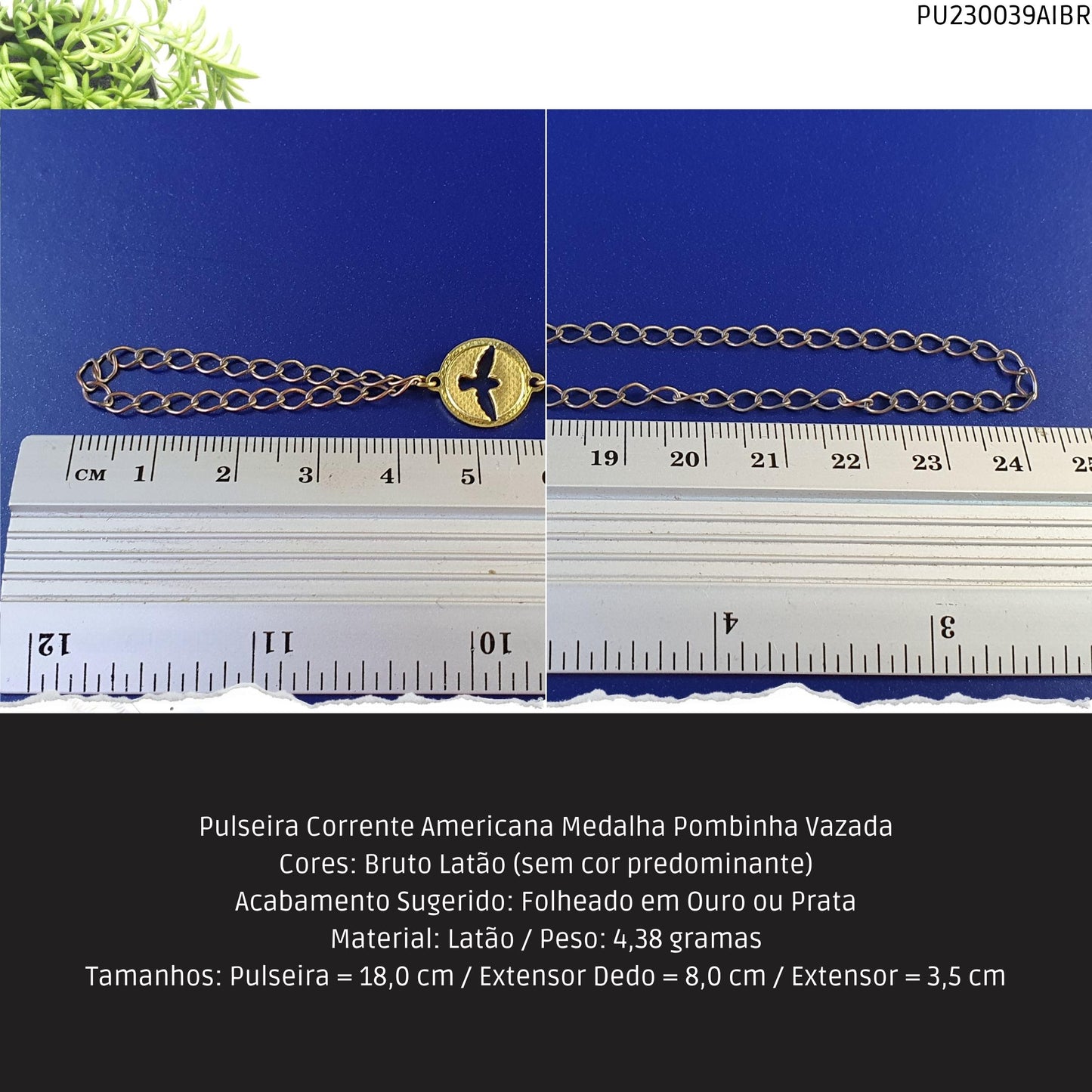 Pulseira Corrente Americana Medalha Pombinha Vazada  - Código.: PU230039AIBR  - Peso.: 4.4 gr