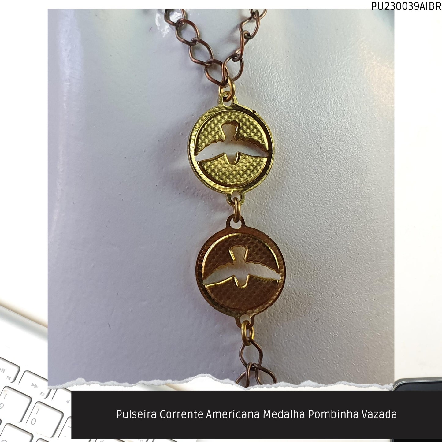 Pulseira Corrente Americana Medalha Pombinha Vazada  - Código.: PU230039AIBR  - Peso.: 4.4 gr