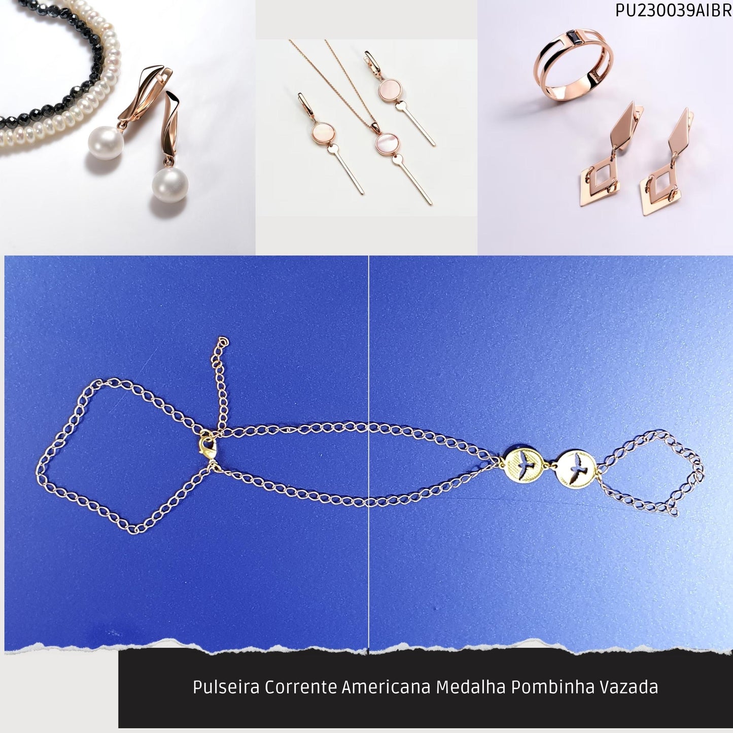 Pulseira Corrente Americana Medalha Pombinha Vazada  - Código.: PU230039AIBR  - Peso.: 4.4 gr
