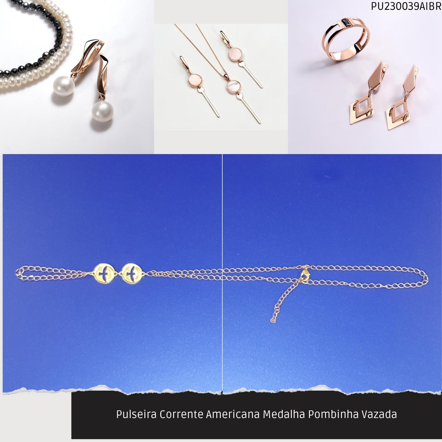 Pulseira Corrente Americana Medalha Pombinha Vazada  - Código.: PU230039AIBR  - Peso.: 4.4 gr