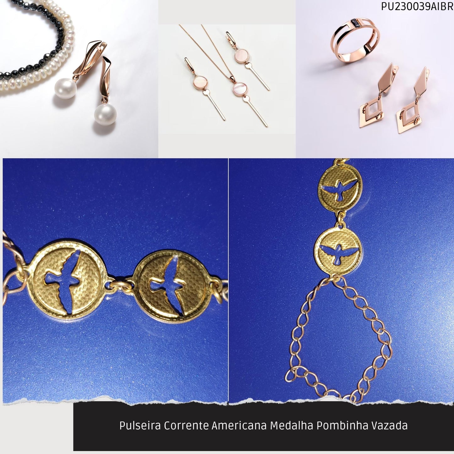 Pulseira Corrente Americana Medalha Pombinha Vazada  - Código.: PU230039AIBR  - Peso.: 4.4 gr