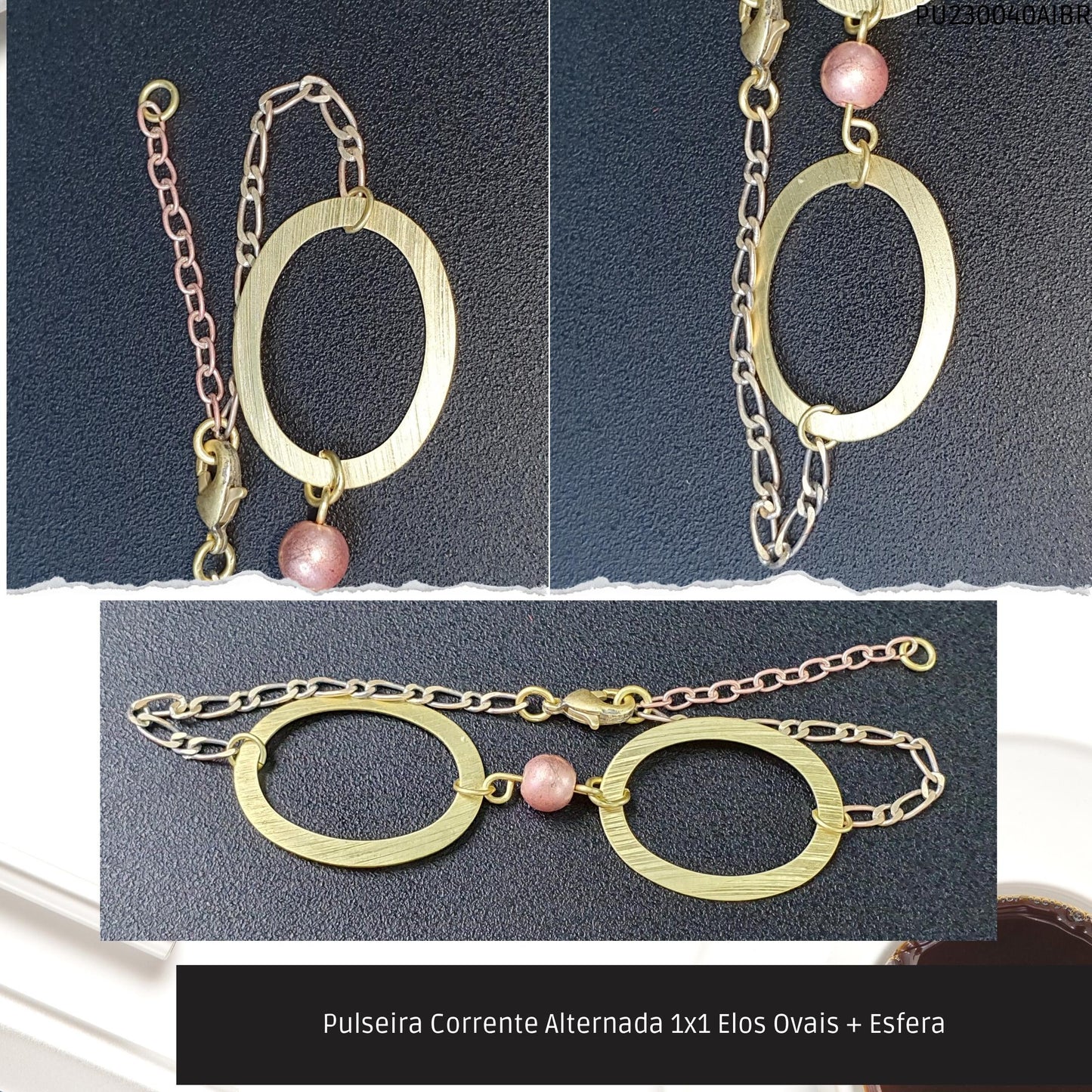 Pulseira Corrente Alternada 1x1 Elos Ovais + Esfera  - Código.: PU230040AIBR  - Peso.: 2.5 gr