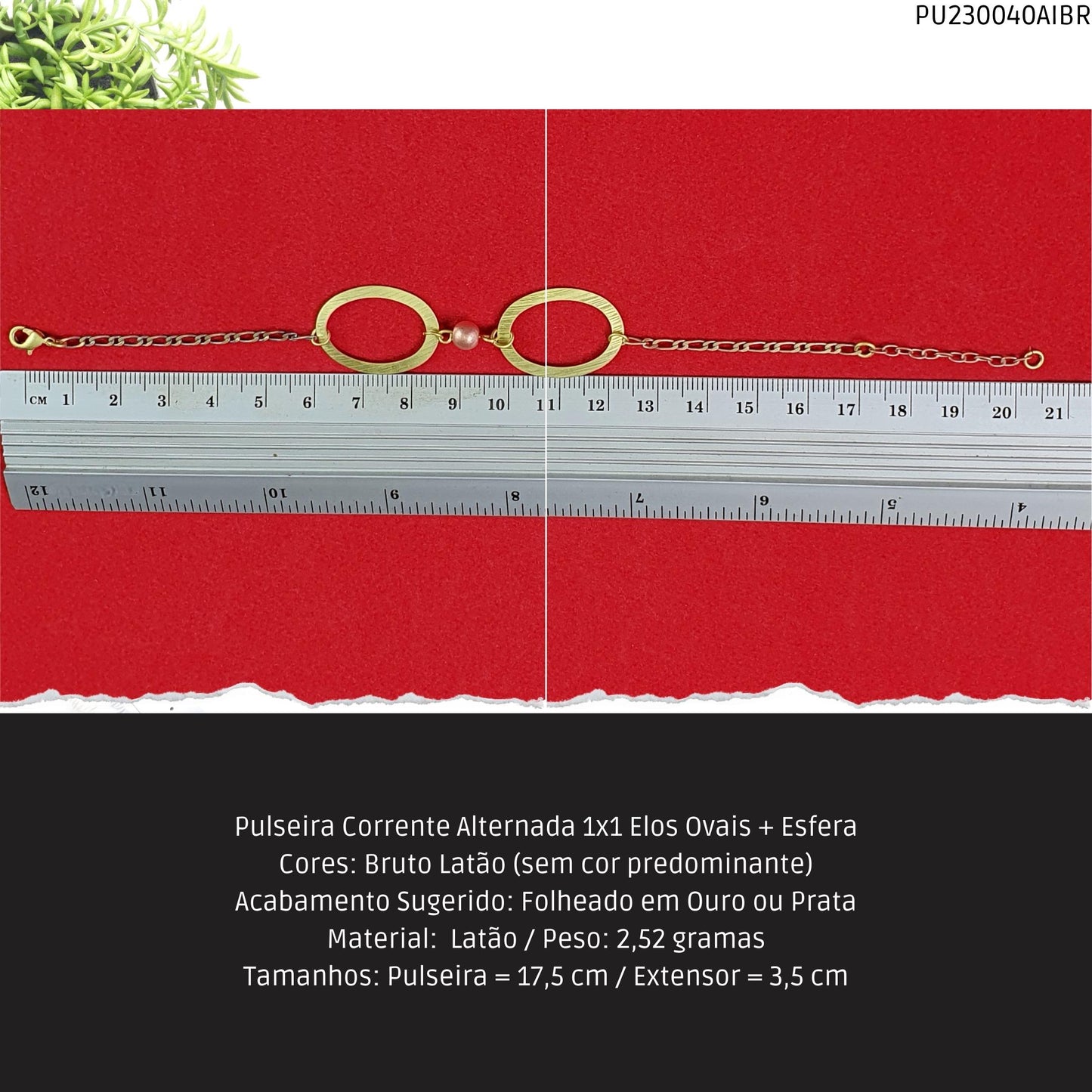 Pulseira Corrente Alternada 1x1 Elos Ovais + Esfera  - Código.: PU230040AIBR  - Peso.: 2.5 gr