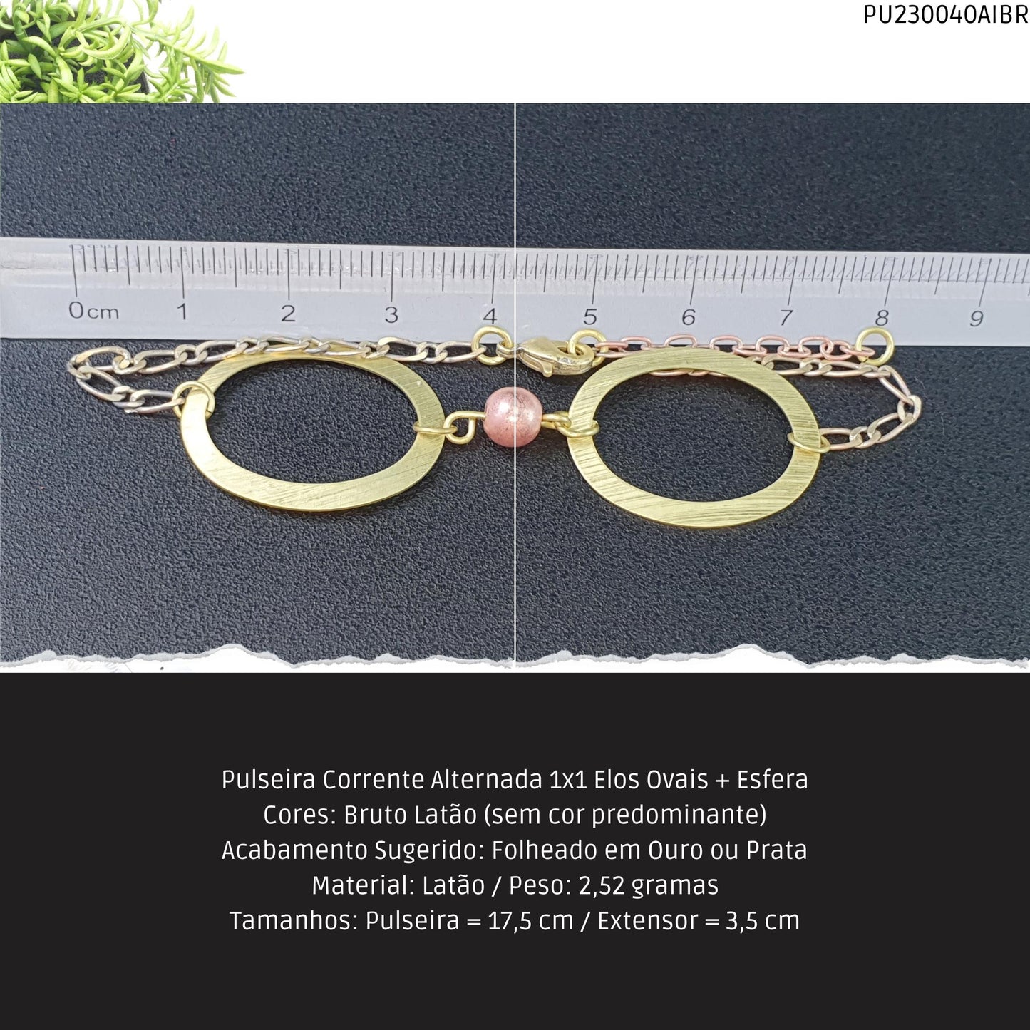 Pulseira Corrente Alternada 1x1 Elos Ovais + Esfera  - Código.: PU230040AIBR  - Peso.: 2.5 gr